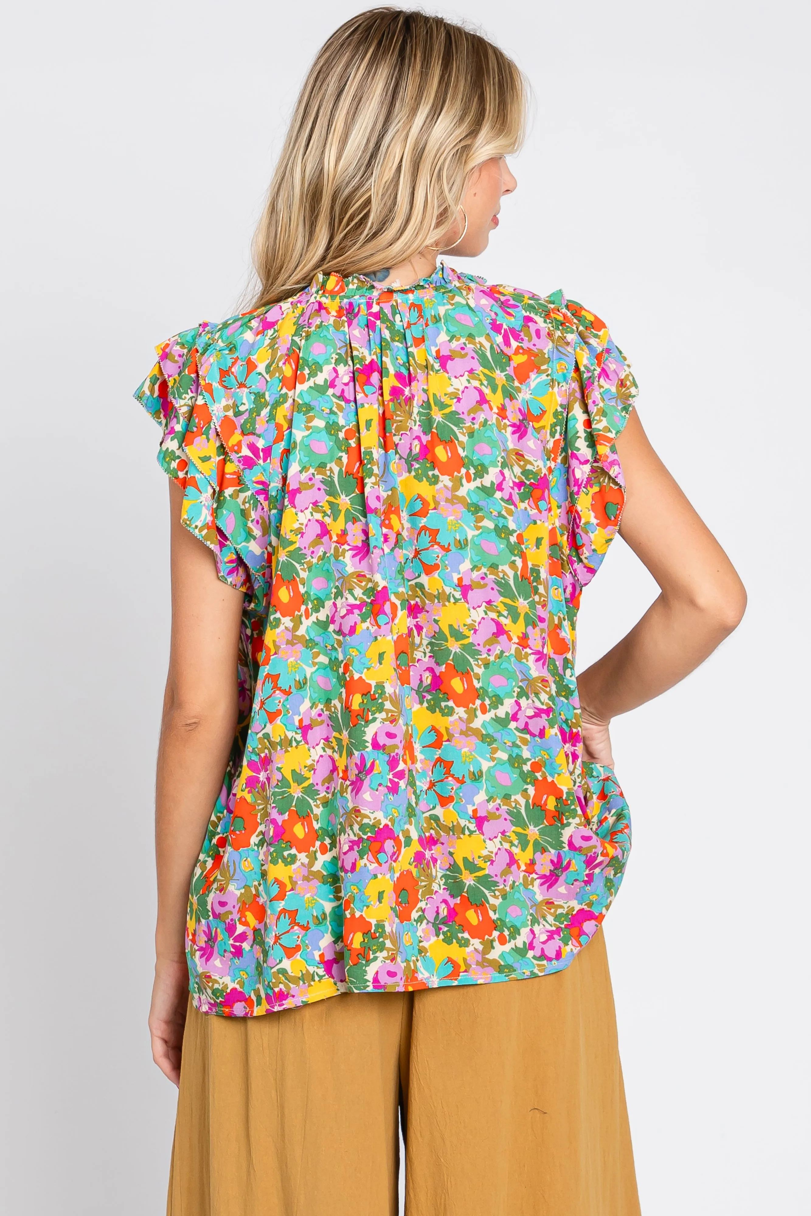 Mint Green Multi-Color Floral Ruffle Front Tie Top sold by Pinkblush product image thumbnail 4