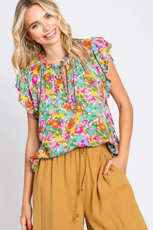 Mint Green Multi-Color Floral Ruffle Front Tie Top sold by Pinkblush