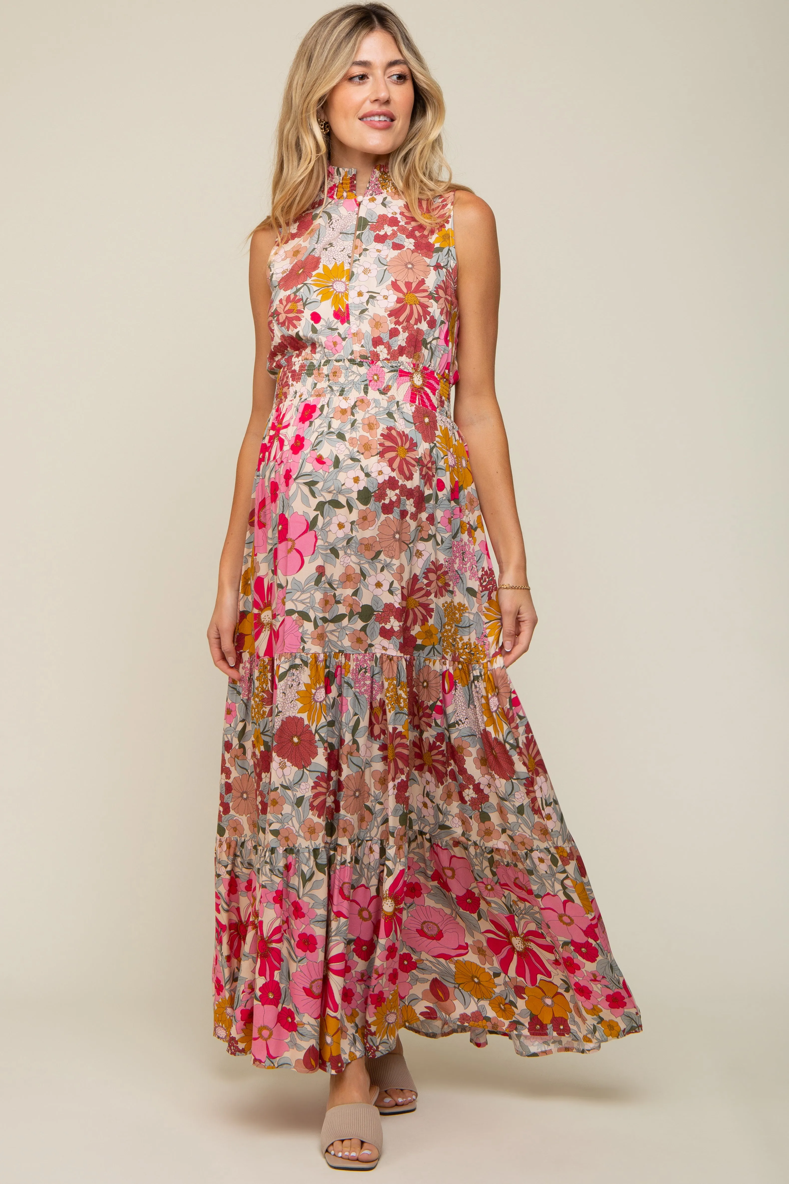 Pink Floral Mock Neck Maternity Maxi Dress sold by Pinkblush product image thumbnail 4