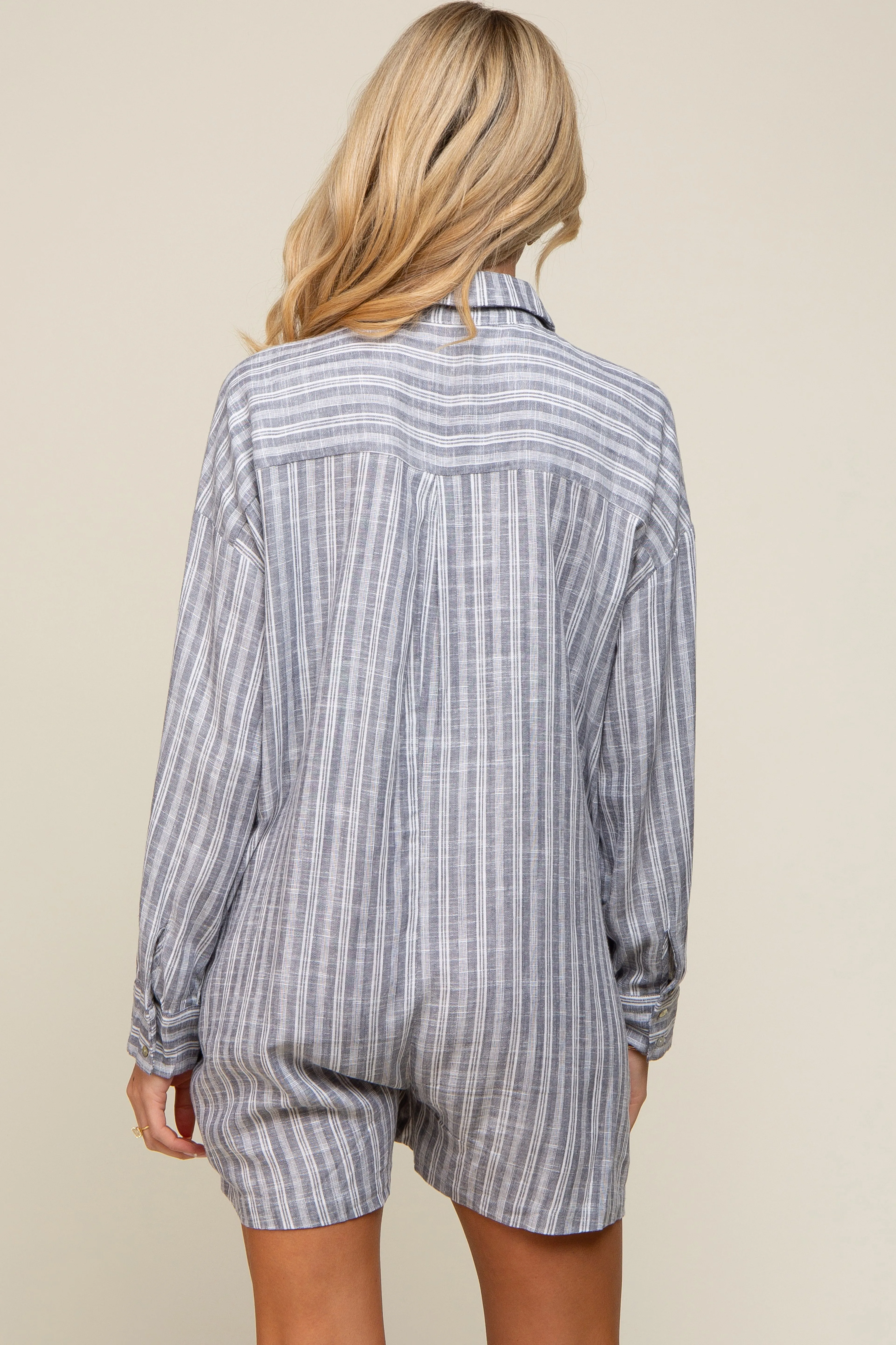 Grey Striped Button Up Linen Maternity Romper sold by Pinkblush product image thumbnail 4