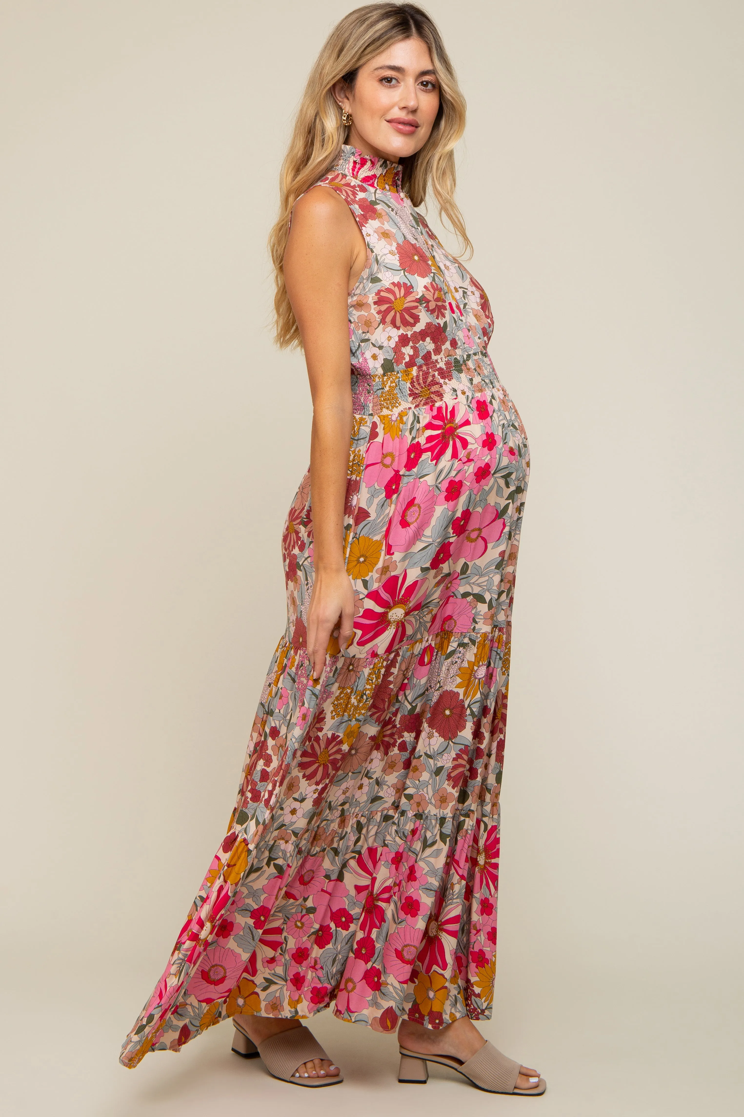 Pink Floral Mock Neck Maternity Maxi Dress sold by Pinkblush