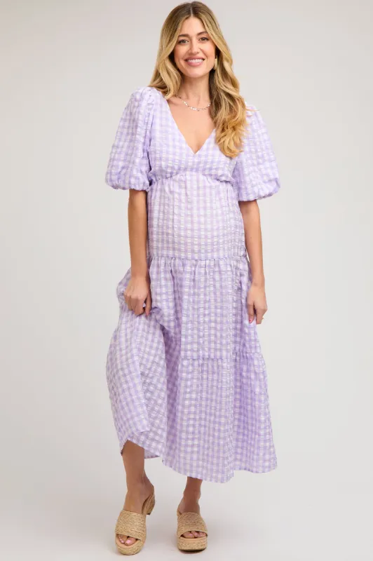 Lavender Gingham Puff Sleeve Maternity Tiered Midi Dress sold by Pinkblush