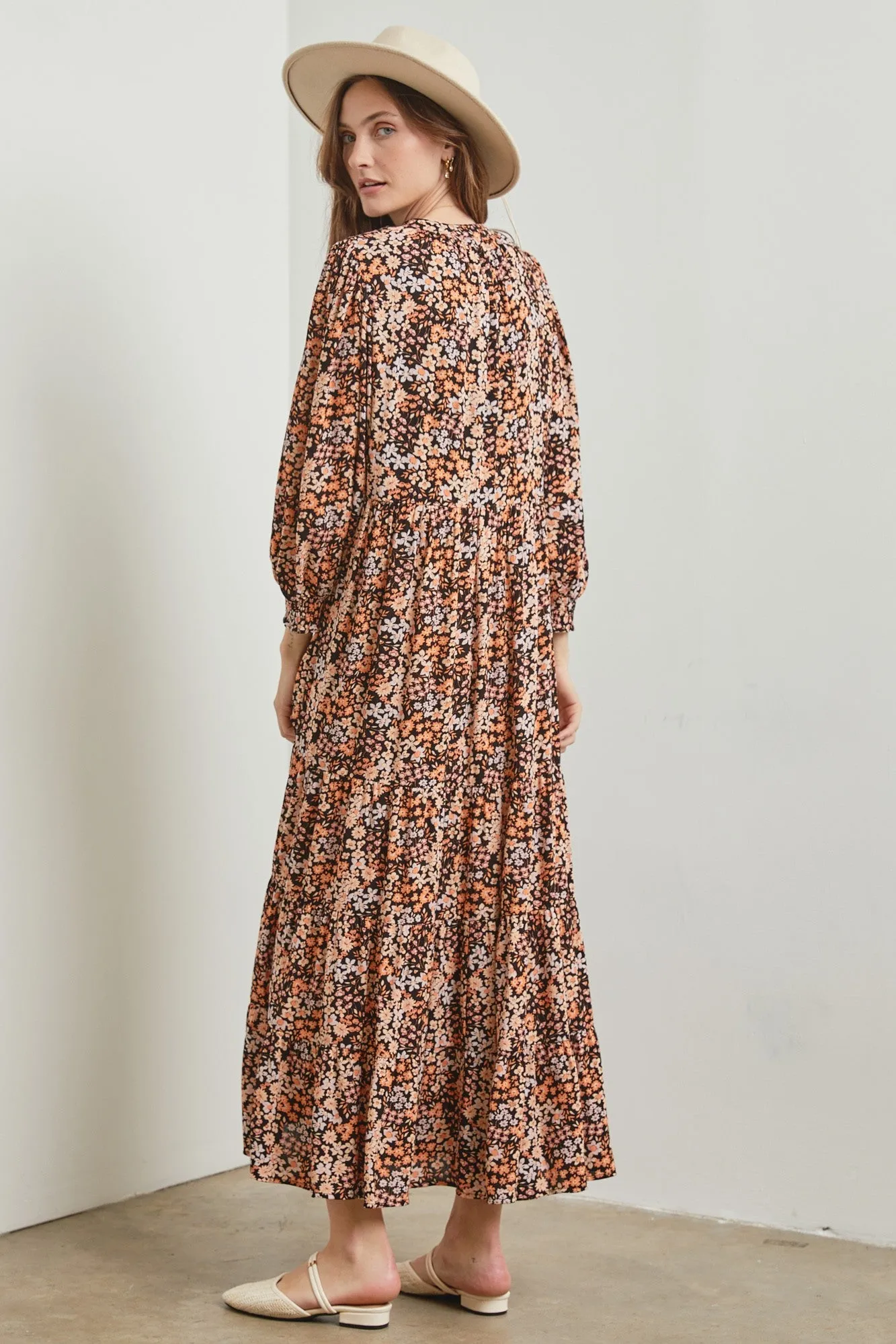 Black Floral Tiered Long Sleeve Dress sold by Pinkblush product image thumbnail 3