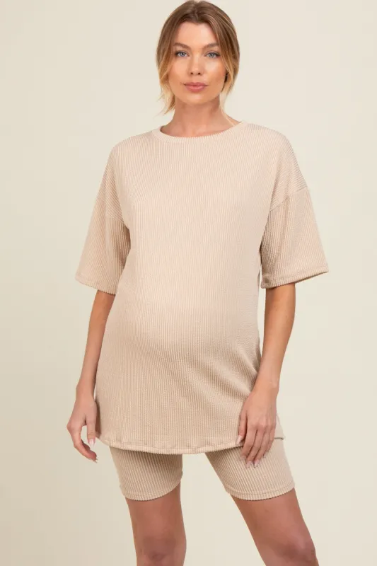 Beige Ribbed Maternity Biker Shorts Set sold by Pinkblush