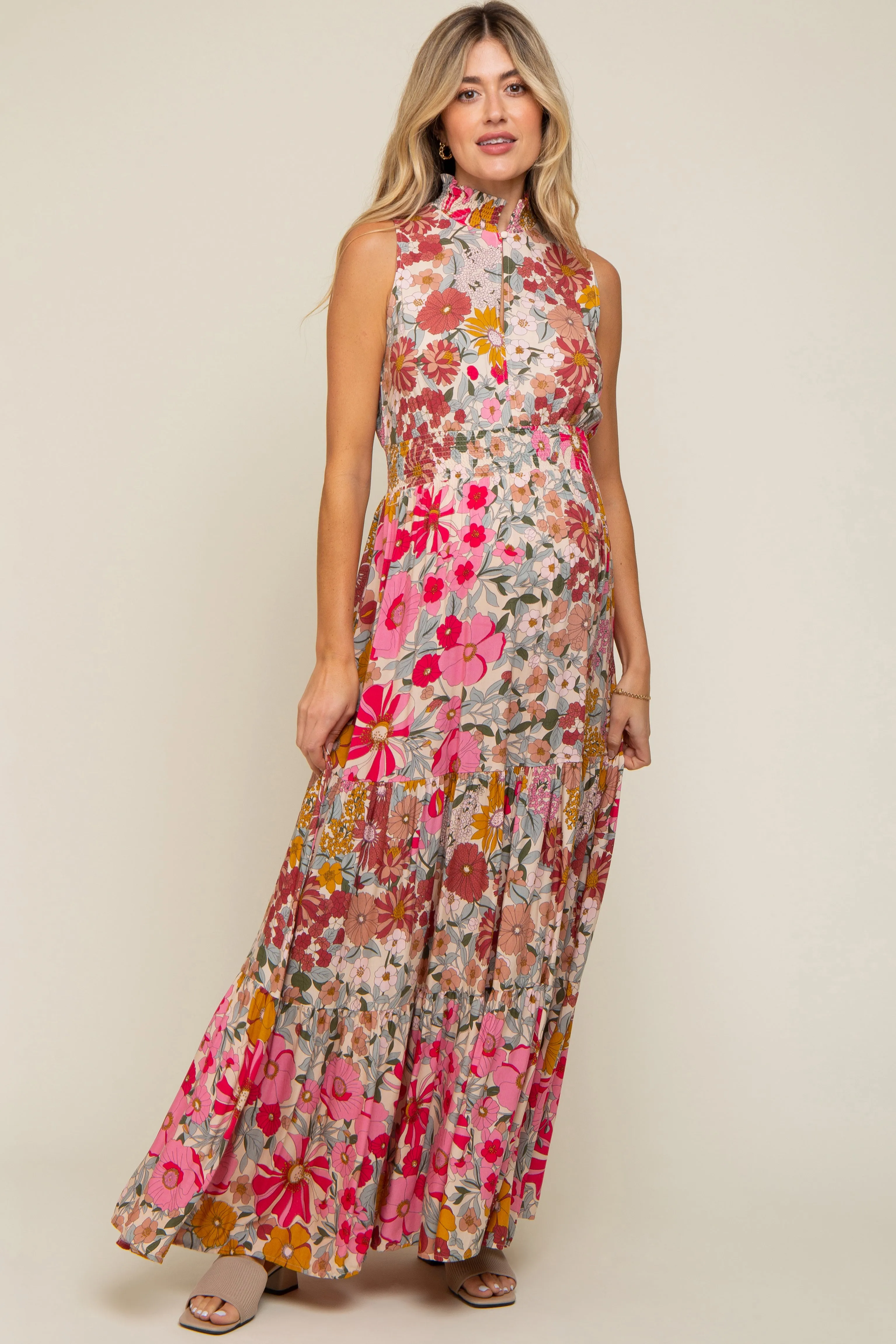 Pink Floral Mock Neck Maternity Maxi Dress sold by Pinkblush product image thumbnail 2