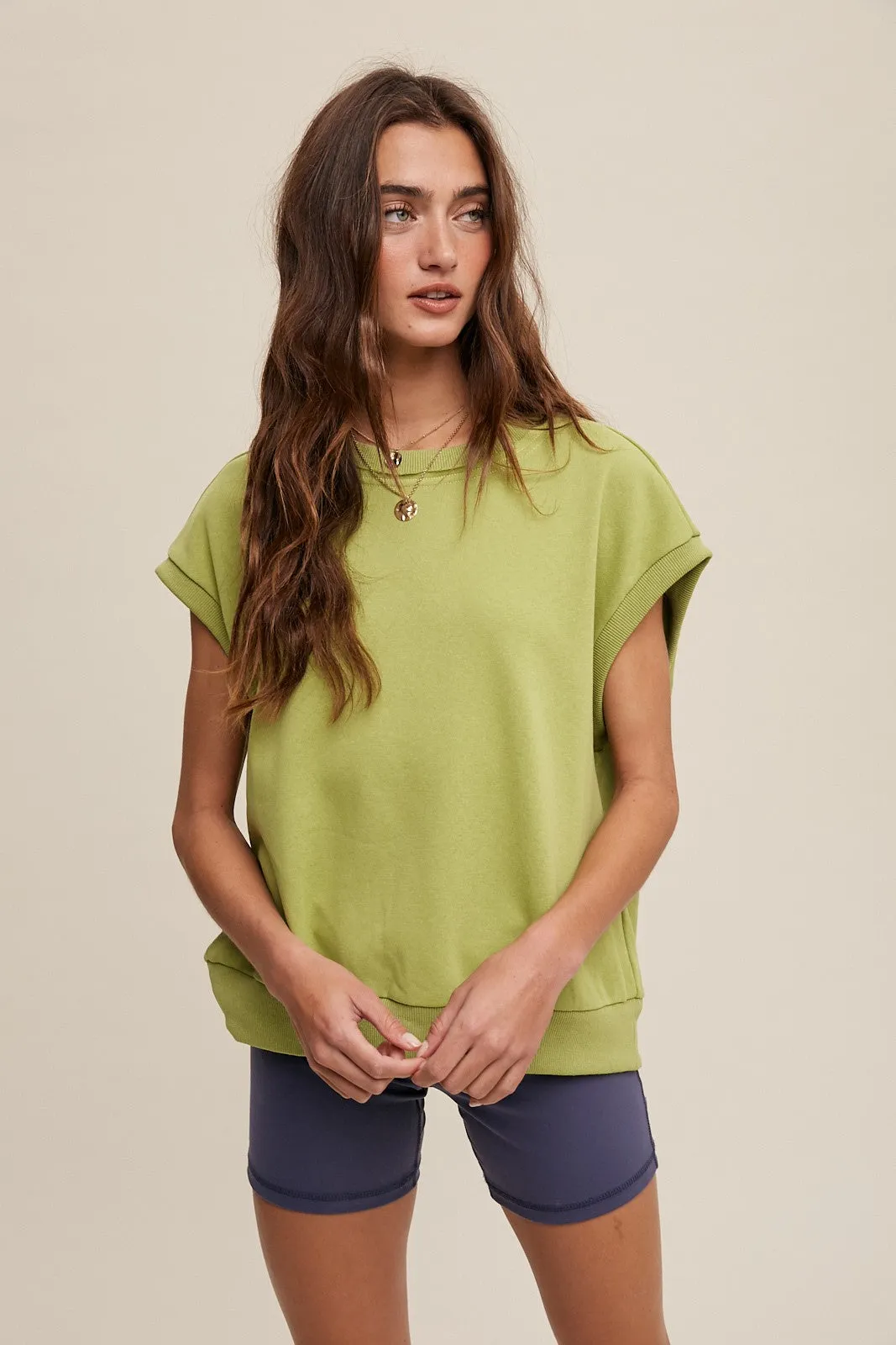 Light Olive Terry Raw Trim Top sold by Pinkblush