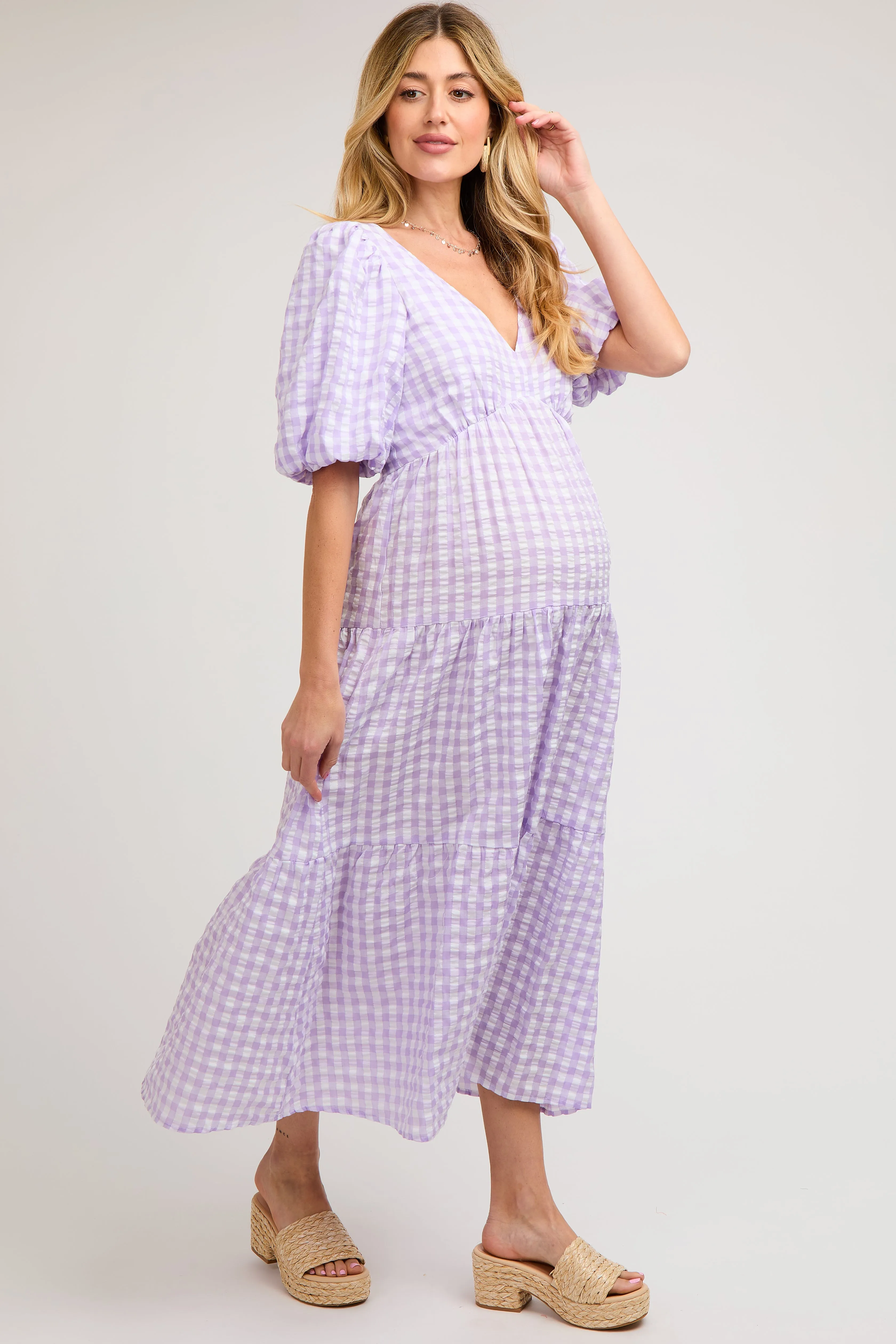 Lavender Gingham Puff Sleeve Maternity Tiered Midi Dress sold by Pinkblush product image thumbnail 2