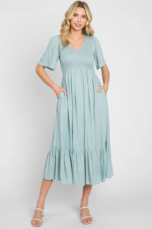 Light Blue Textured Dot Smocked Short Sleeve Midi Dress sold by Pinkblush