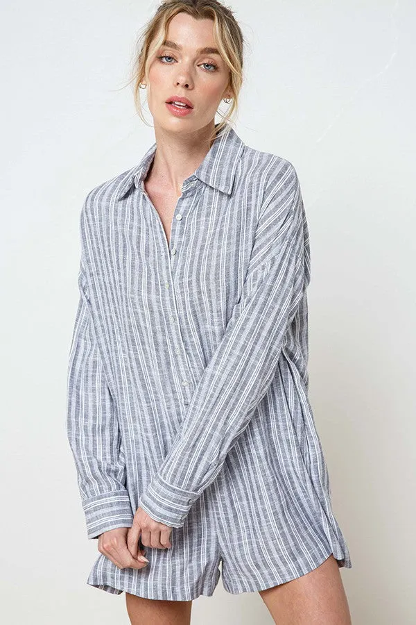 Grey Striped Button Up Linen Romper sold by Pinkblush
