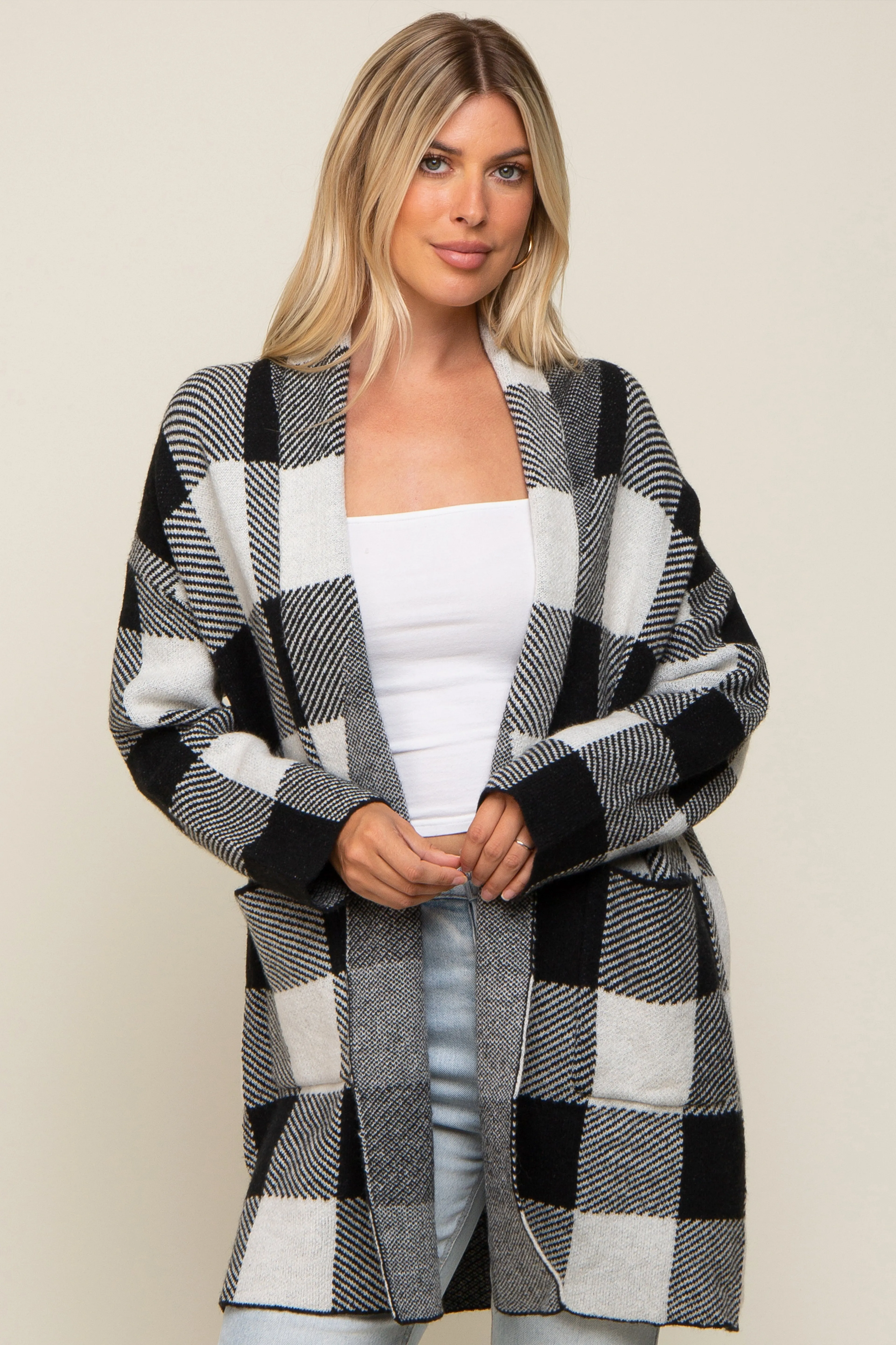 Black Plaid Shawl Cardigan sold by Pinkblush
