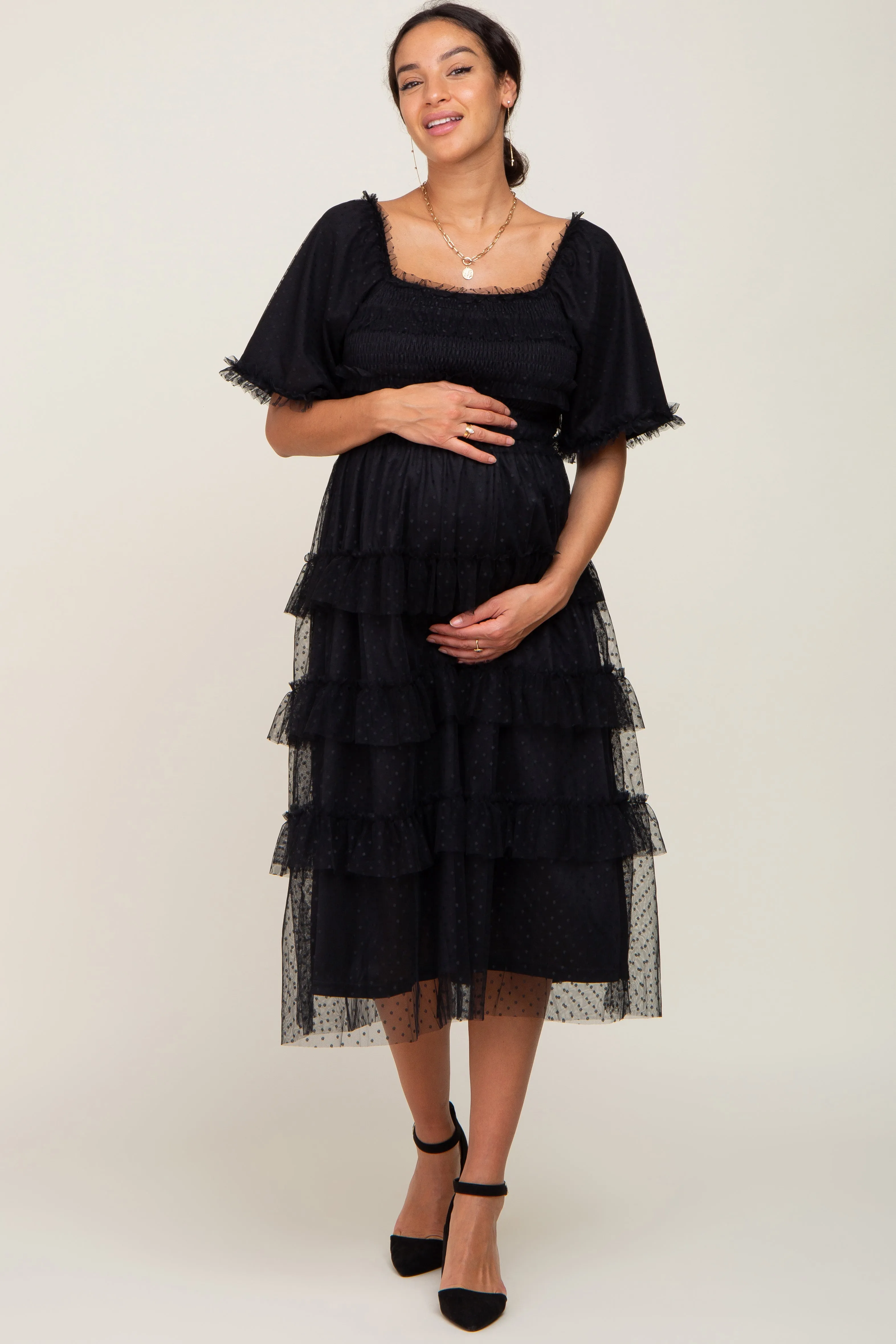 Black Dot Smocked Ruffle Tiered Maternity Midi Dress sold by Pinkblush product image thumbnail 4