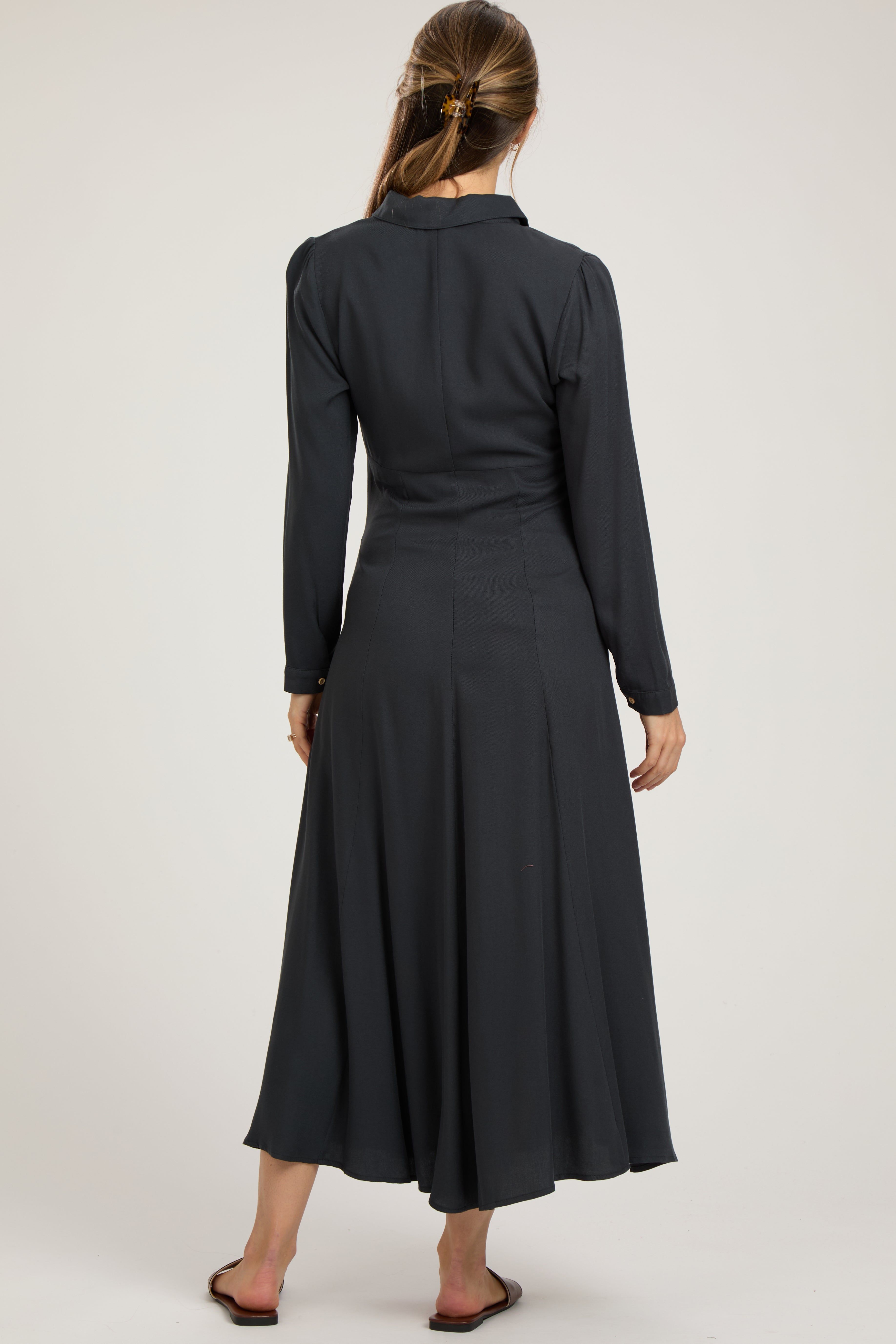 Charcoal Collared Button Down Long Sleeve Maternity Maxi Dress sold by Pinkblush product image thumbnail 3