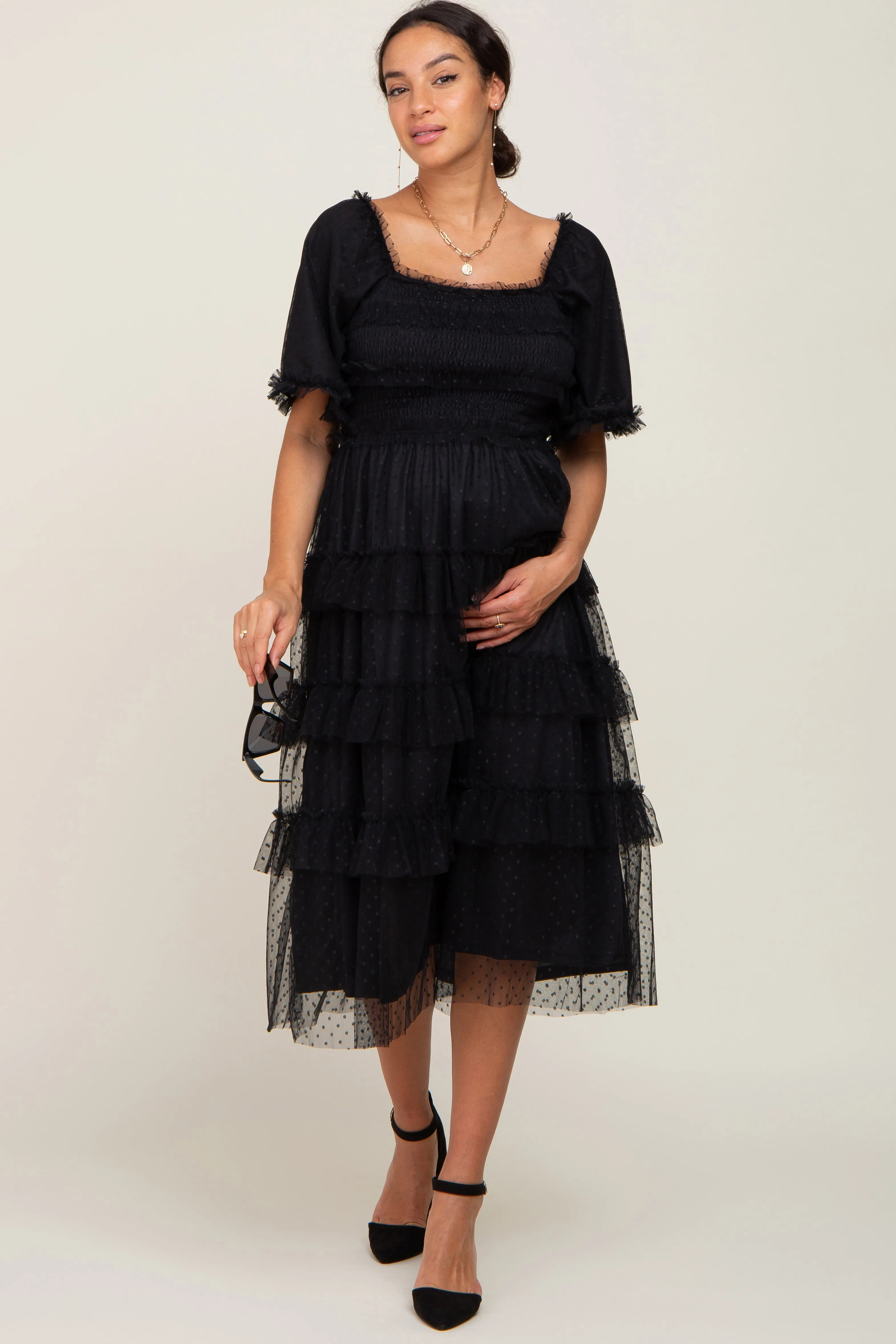 Black Dot Smocked Ruffle Tiered Maternity Midi Dress sold by Pinkblush