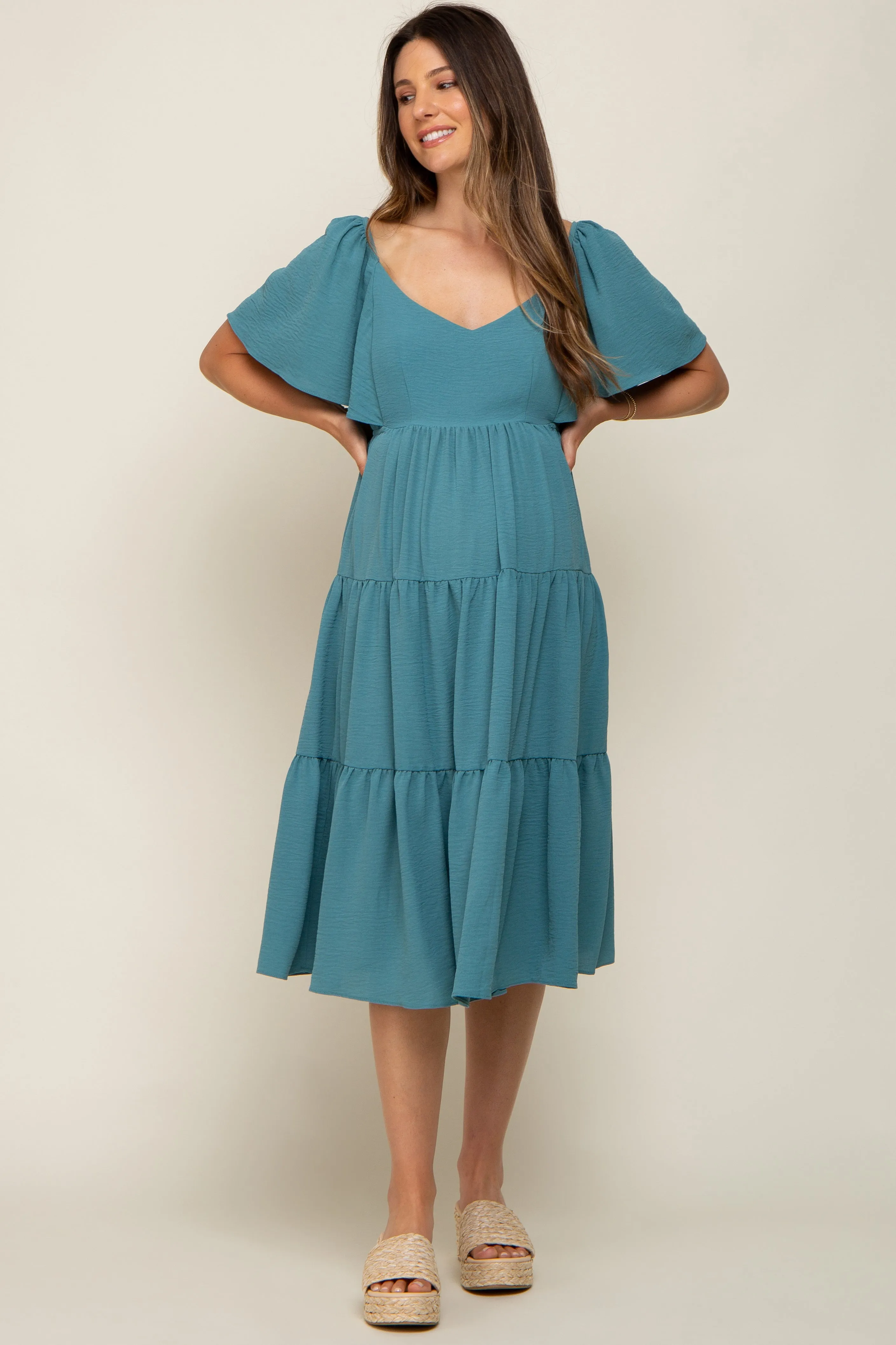 Teal Tiered Criss Cross Back Maternity Midi Dress sold by Pinkblush product image thumbnail 4