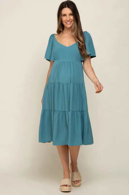 Teal Tiered Criss Cross Back Maternity Midi Dress sold by Pinkblush