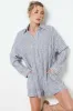 Grey Striped Button Up Linen Romper sold by Pinkblush
