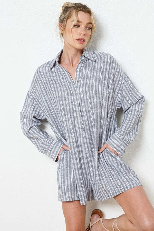 Grey Striped Button Up Linen Romper sold by Pinkblush product image thumbnail 2