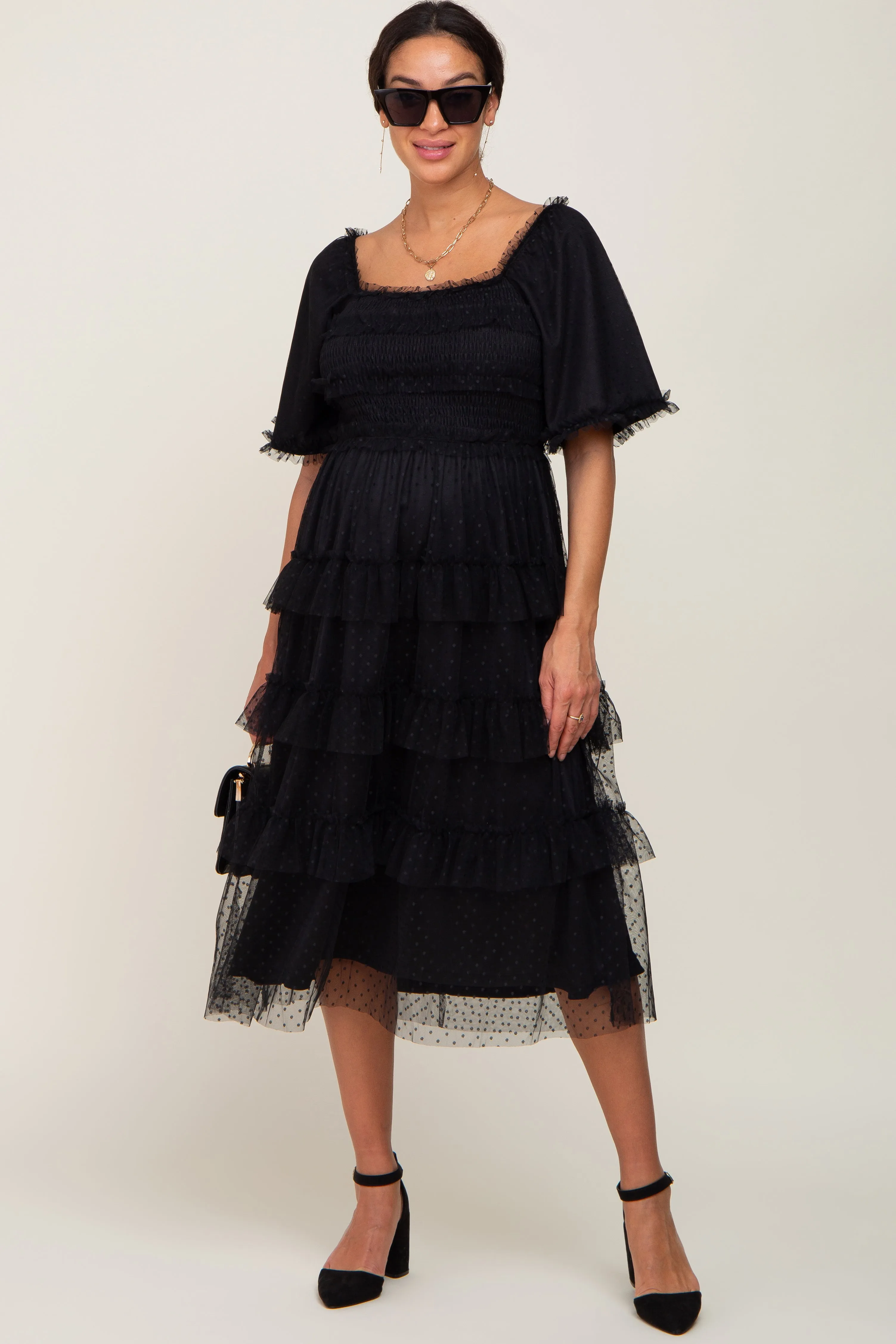 Black Dot Smocked Ruffle Tiered Maternity Midi Dress sold by Pinkblush product image thumbnail 5