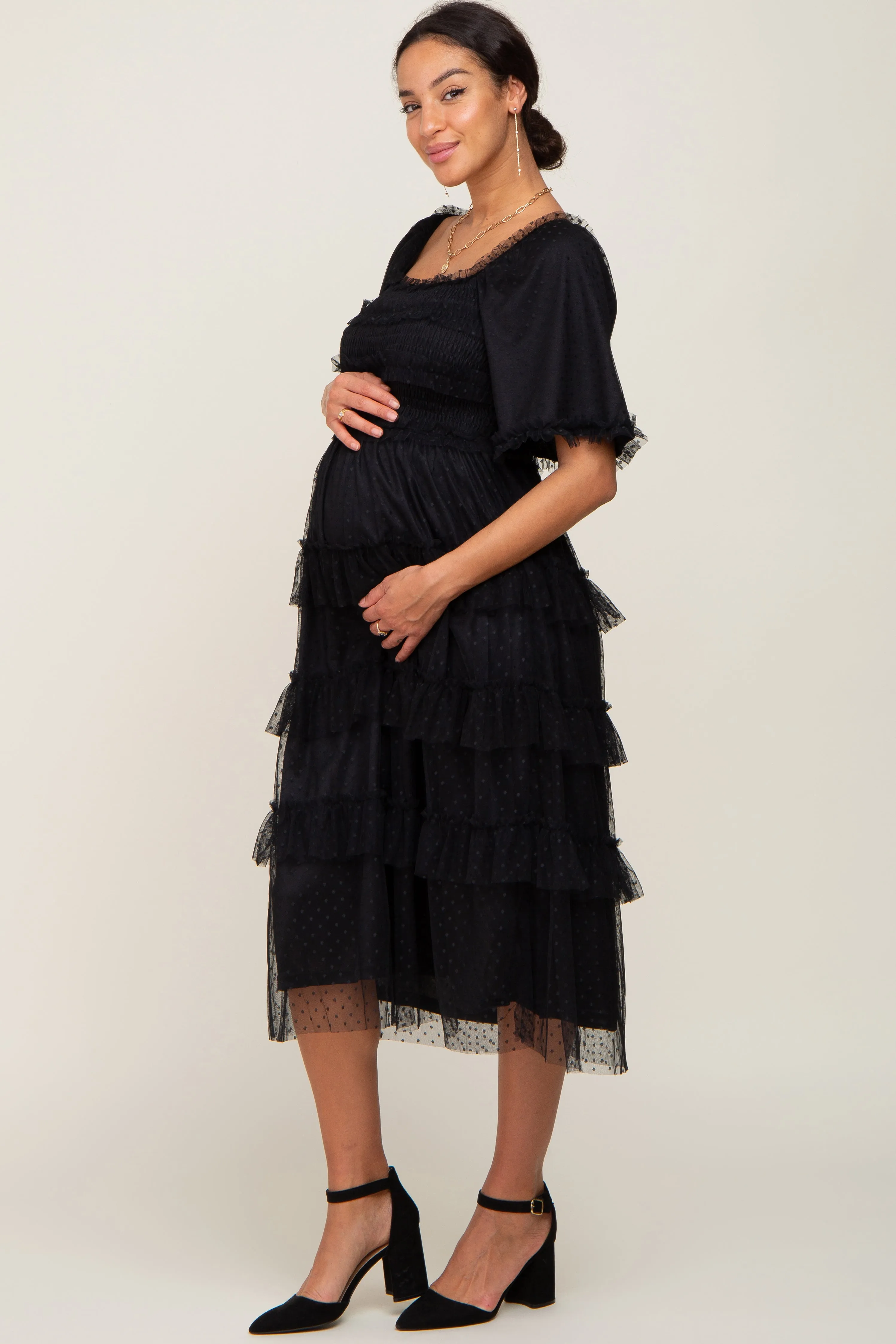 Black Dot Smocked Ruffle Tiered Maternity Midi Dress sold by Pinkblush product image thumbnail 2