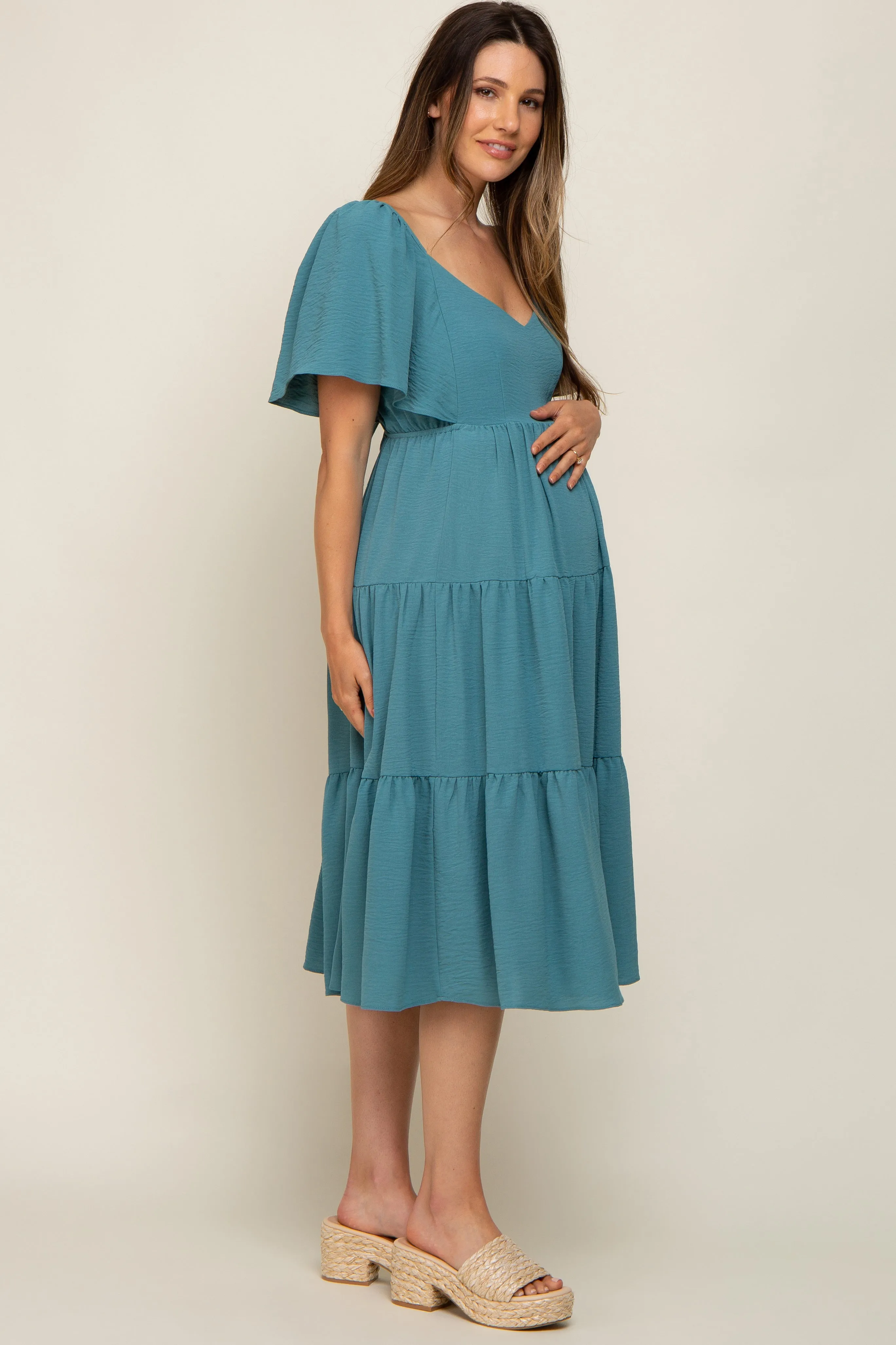 Teal Tiered Criss Cross Back Maternity Midi Dress sold by Pinkblush product image thumbnail 2