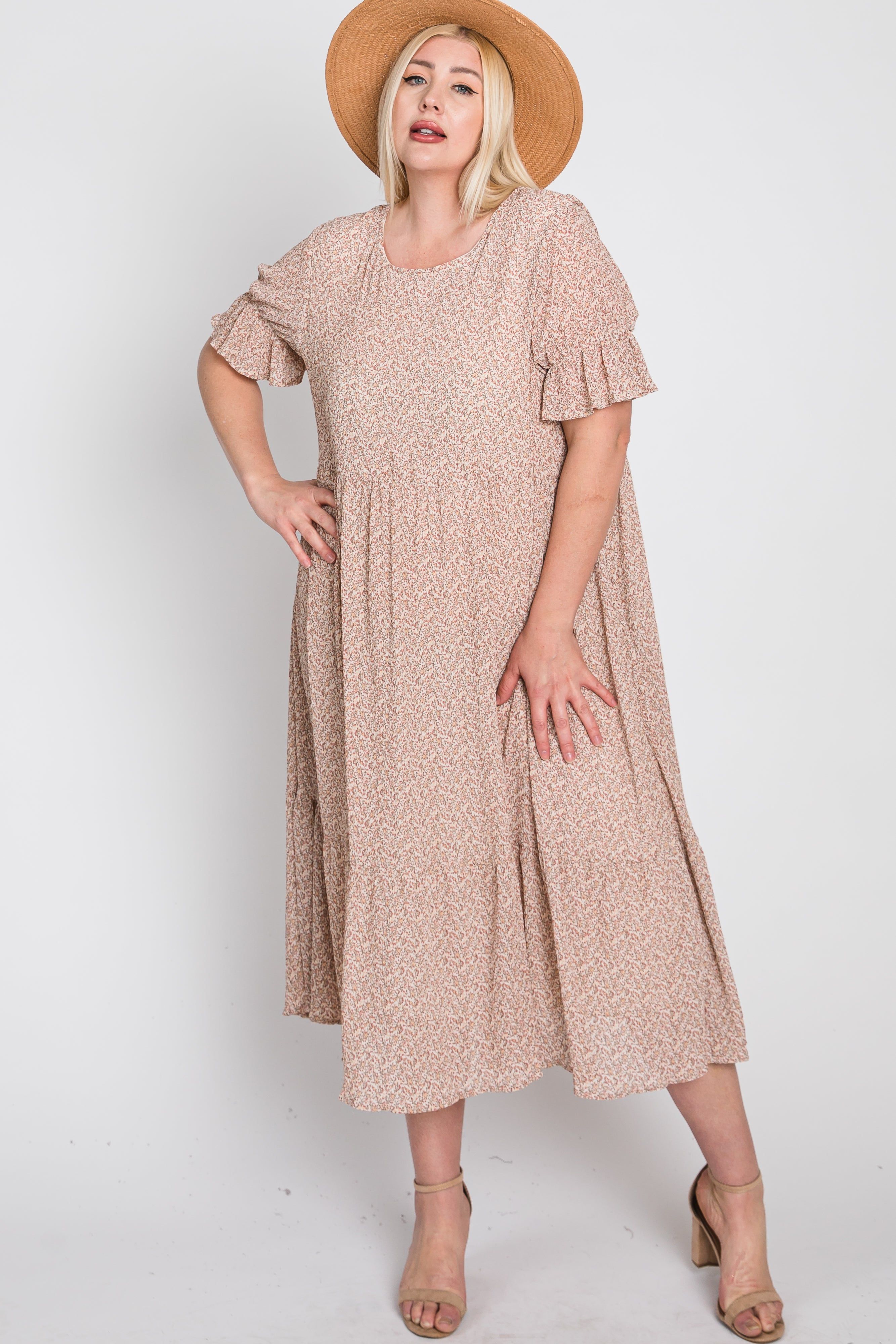 Pink Floral Pleated Chiffon Ruffle Sleeve Maternity Plus Midi Dress sold by Pinkblush product image thumbnail 4