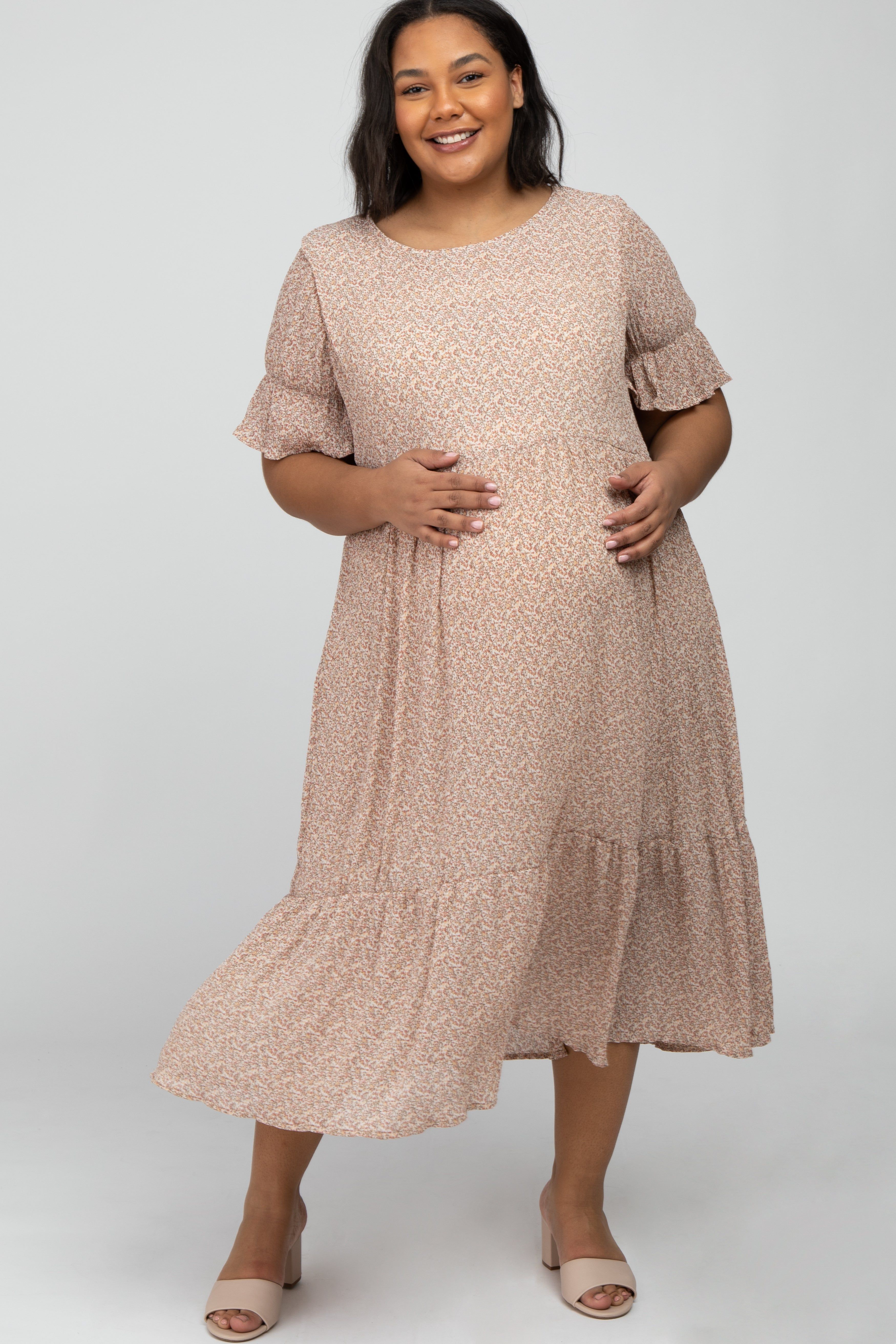 Pink Floral Pleated Chiffon Ruffle Sleeve Maternity Plus Midi Dress sold by Pinkblush