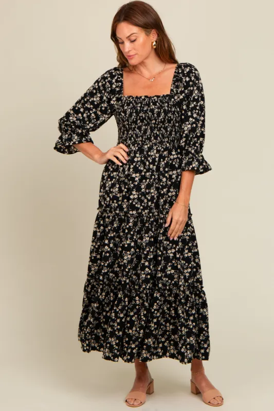 Black Smocked Tiered Pocketed Midi Dress sold by Pinkblush