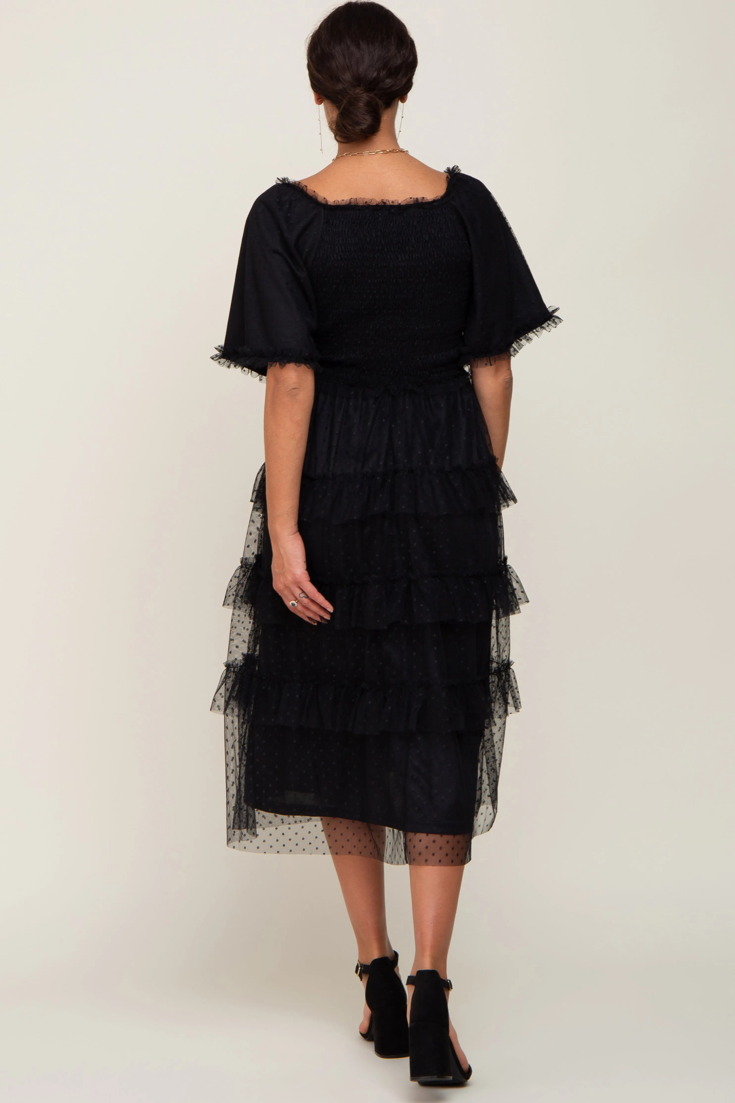 Black Dot Smocked Ruffle Tiered Maternity Midi Dress sold by Pinkblush product image thumbnail 3