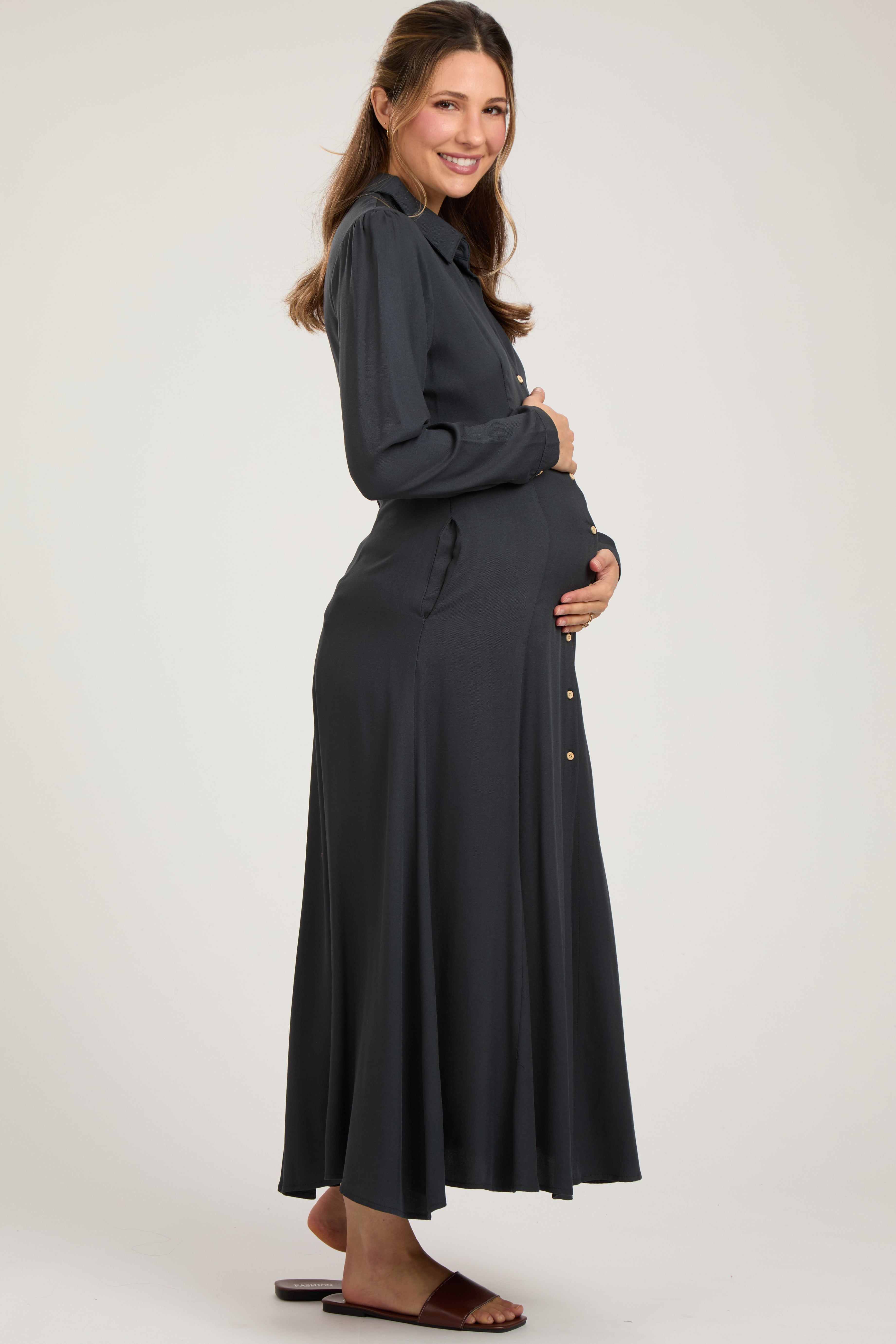 Charcoal Collared Button Down Long Sleeve Maternity Maxi Dress sold by Pinkblush product image thumbnail 2
