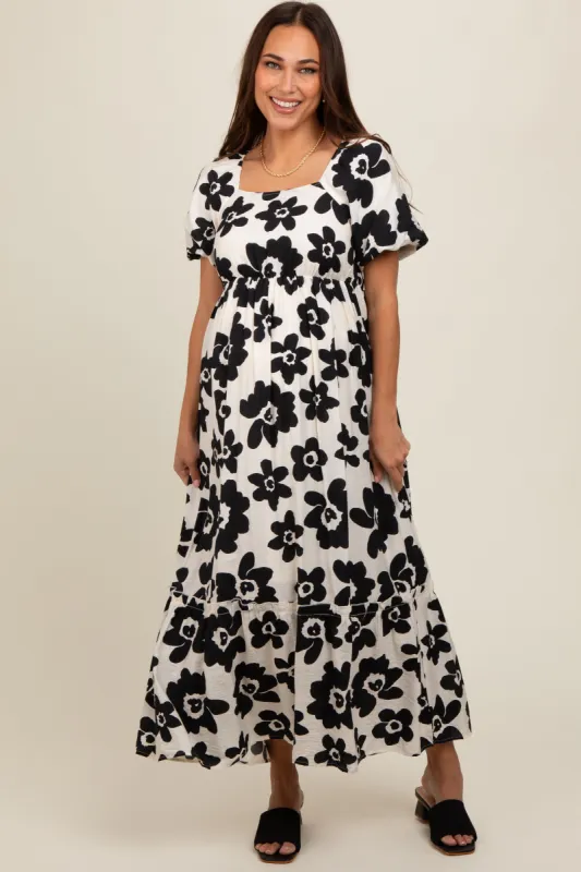 Black Floral Puff Sleeve Maternity Maxi Dress sold by Pinkblush