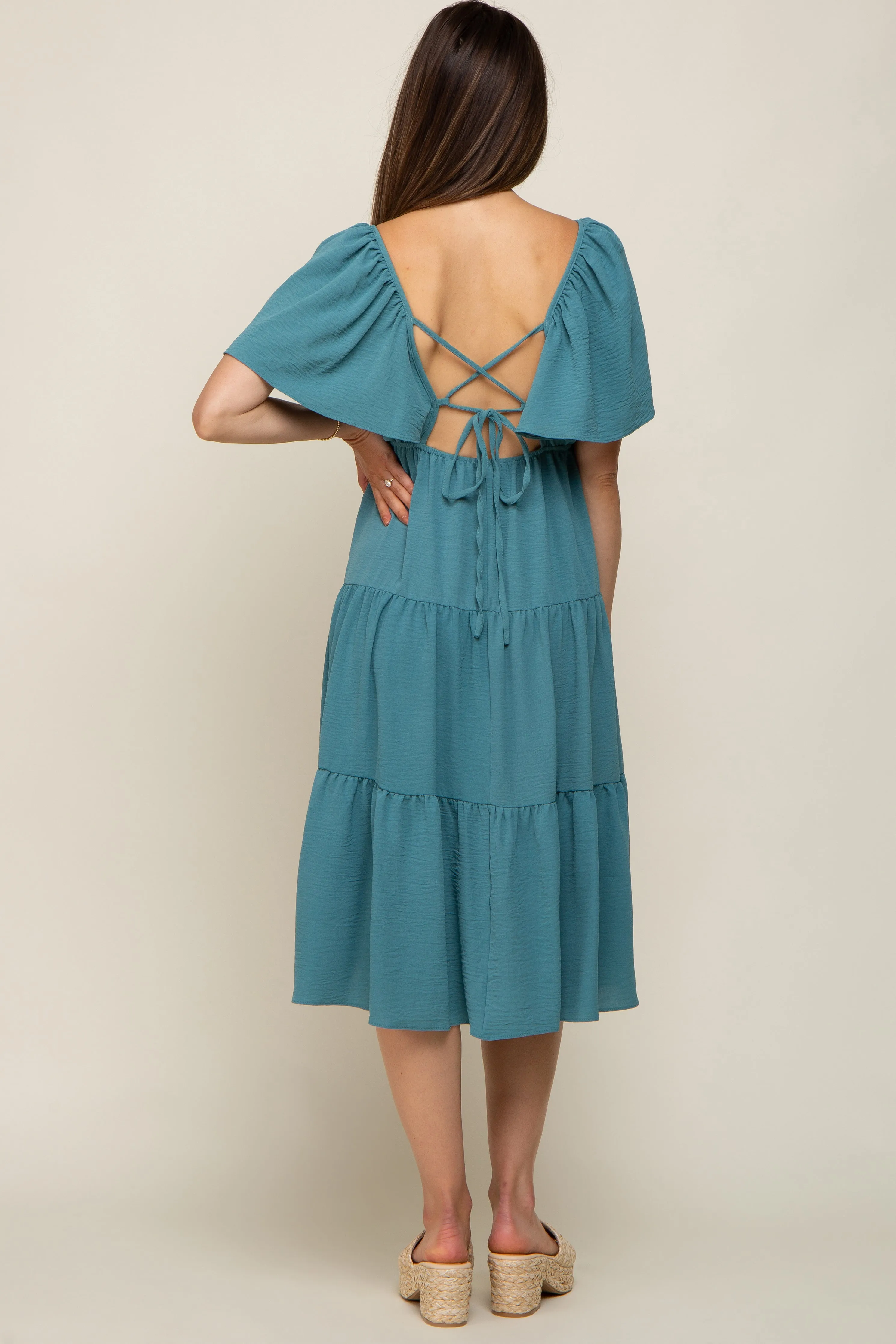 Teal Tiered Criss Cross Back Maternity Midi Dress sold by Pinkblush product image thumbnail 3