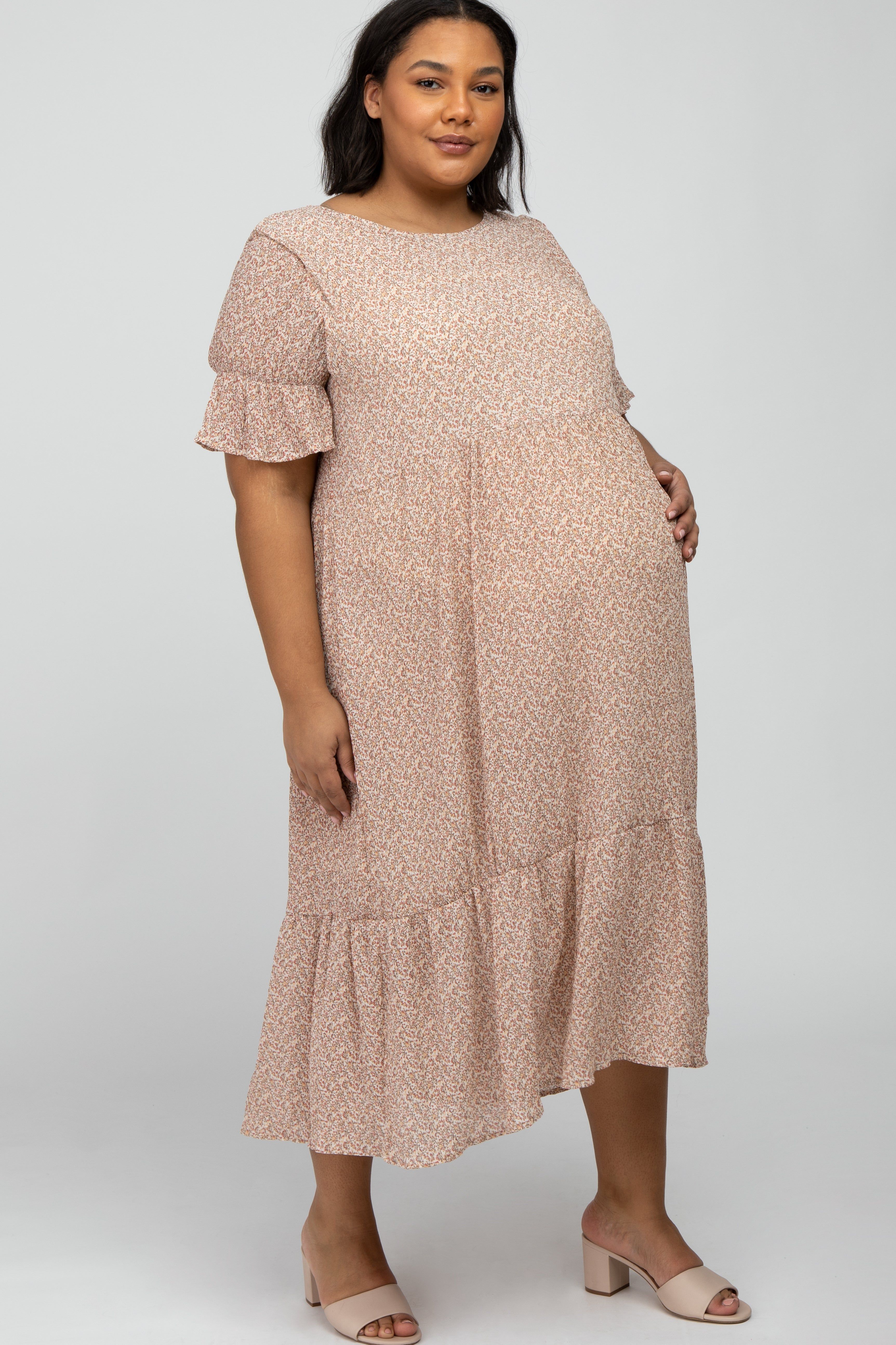 Pink Floral Pleated Chiffon Ruffle Sleeve Maternity Plus Midi Dress sold by Pinkblush product image thumbnail 2