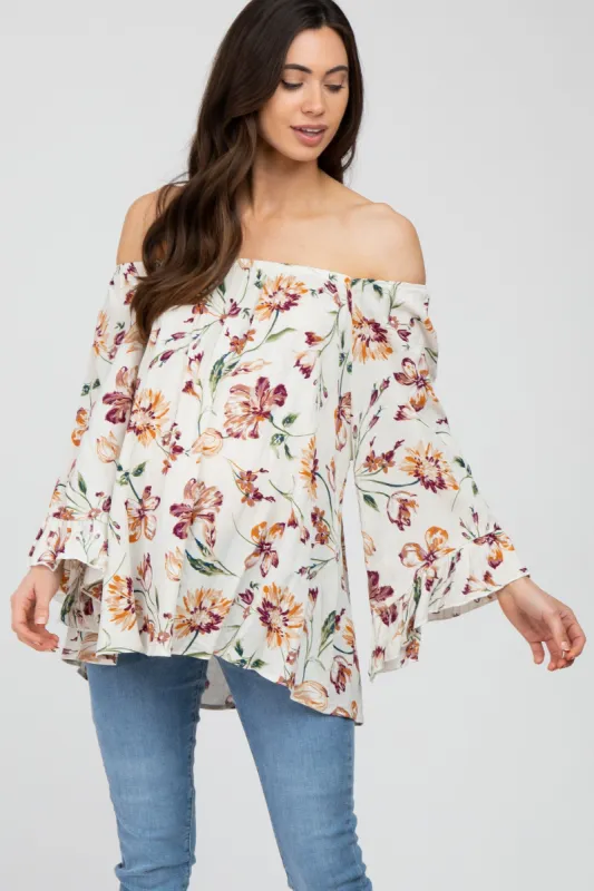 Ivory Floral Square Neck Ruffle Sleeve Maternity Top sold by Pinkblush