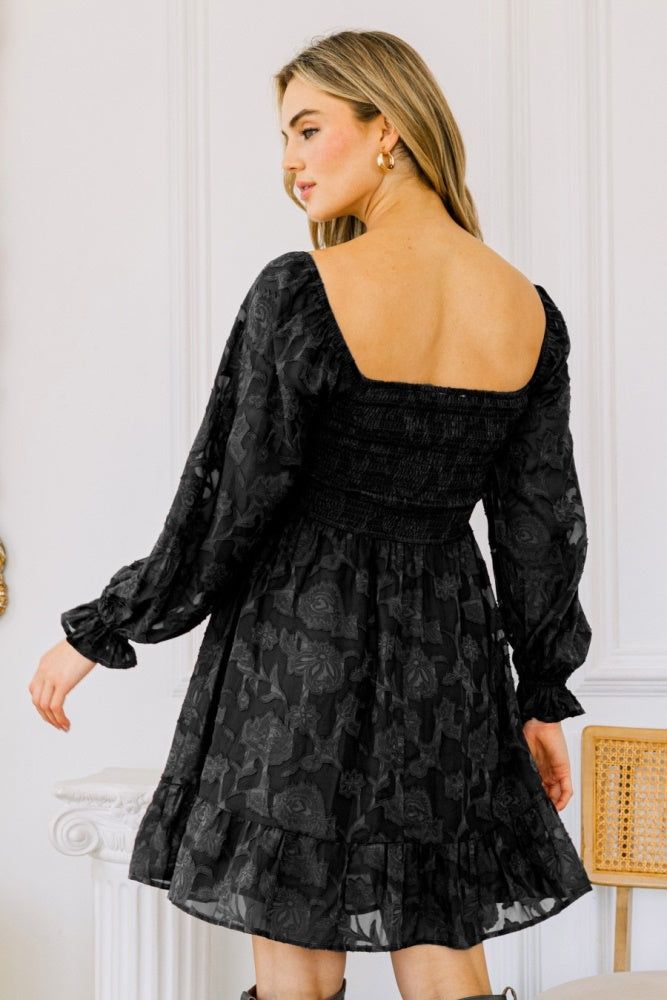 Black Floral Jacquard Square Neckline Mini Dress sold by Pinkblush product image thumbnail 2