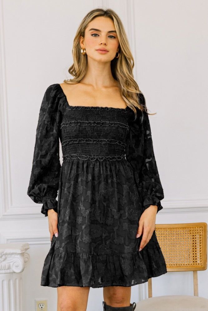 Black Floral Jacquard Square Neckline Mini Dress sold by Pinkblush
