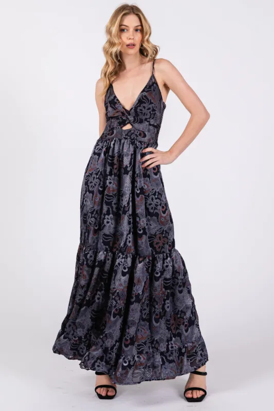 Navy Printed Front Twist Maxi Dress sold by Pinkblush