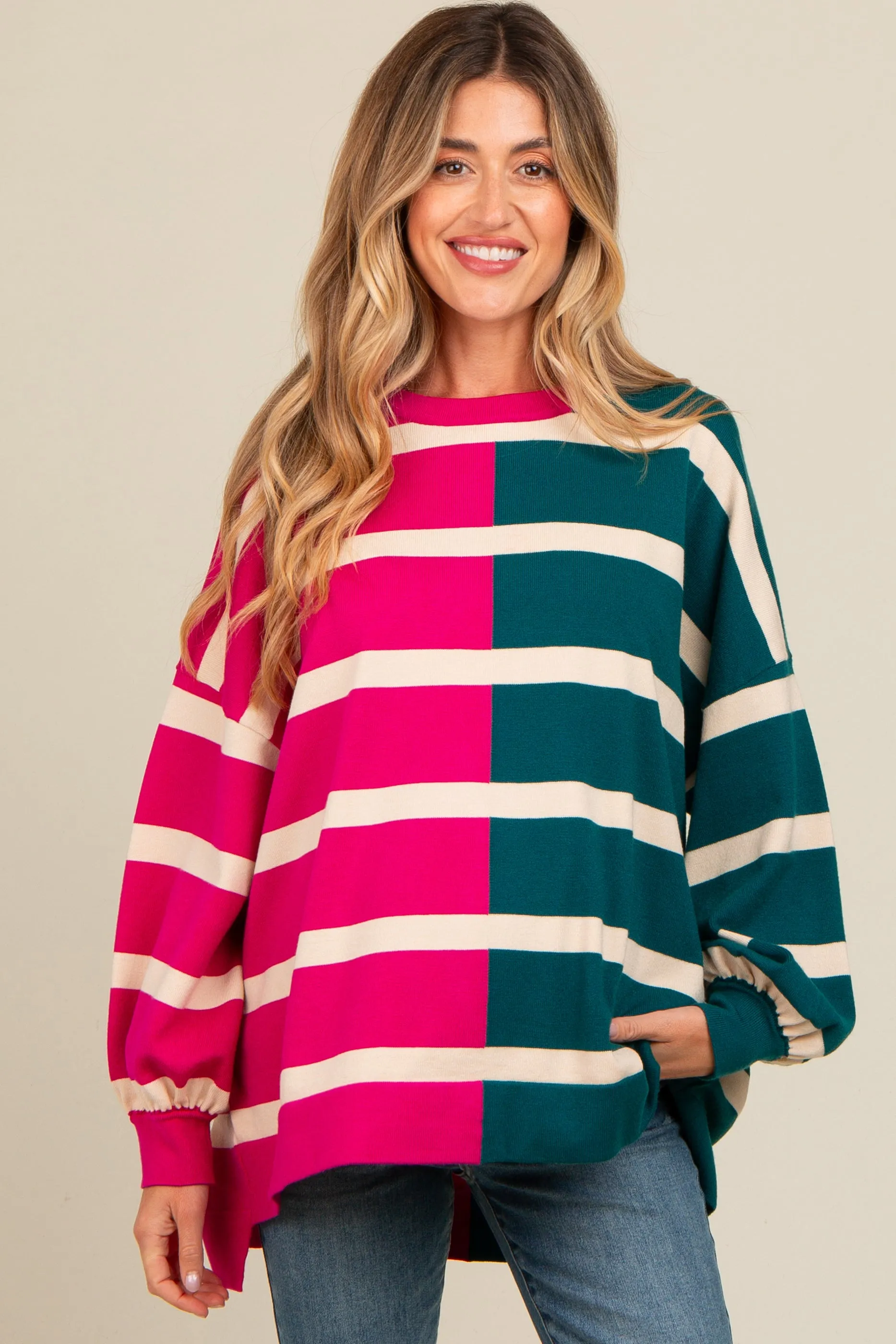 Fuchsia Striped Colorblock Dolman Knit Maternity Top sold by Pinkblush product image thumbnail 2