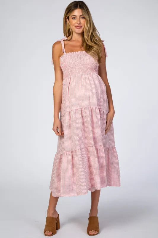 Pink Checkered Tiered Maternity Midi Dress sold by Pinkblush
