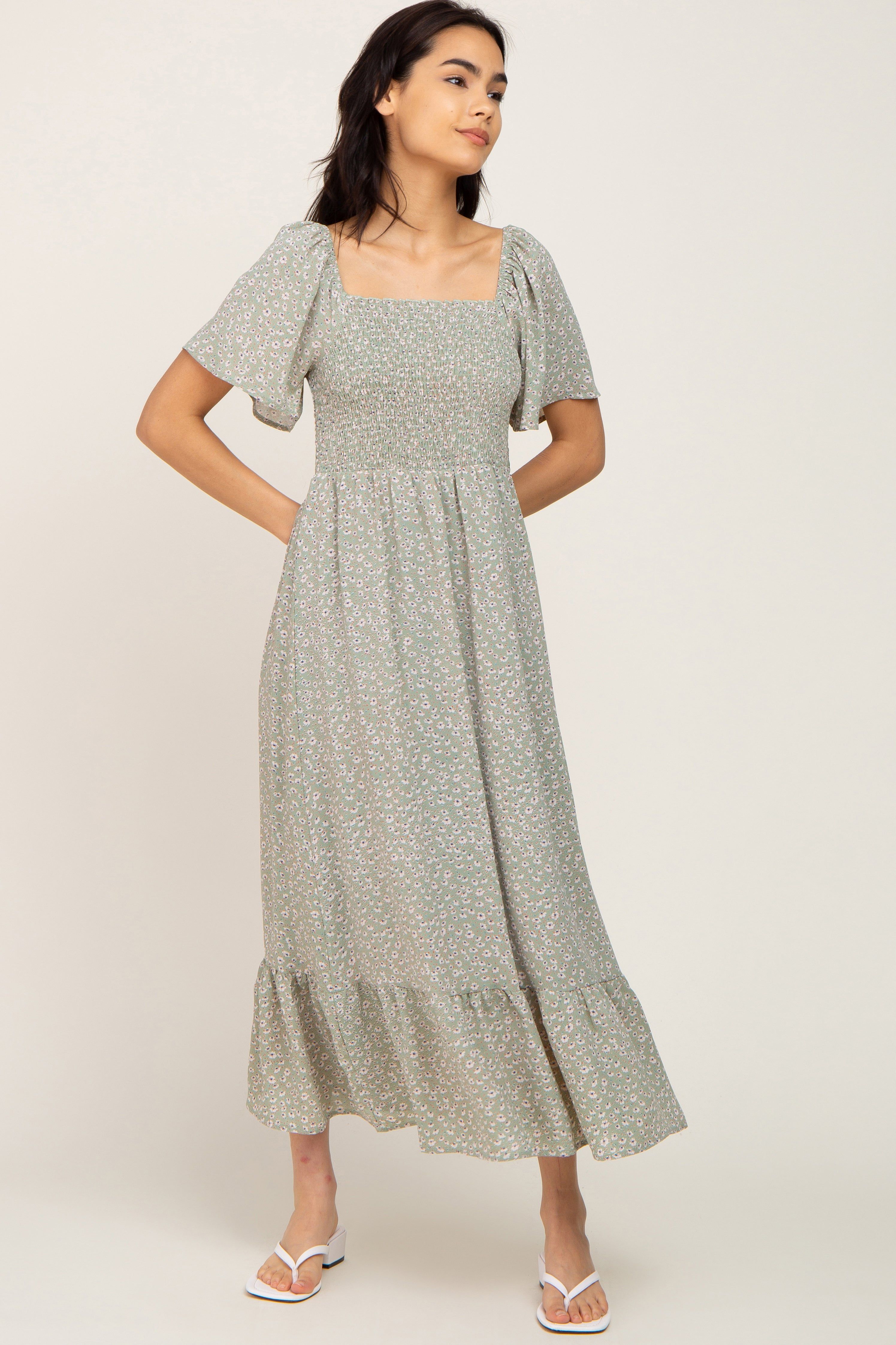 Light Olive Floral Smocked Midi Dress sold by Pinkblush