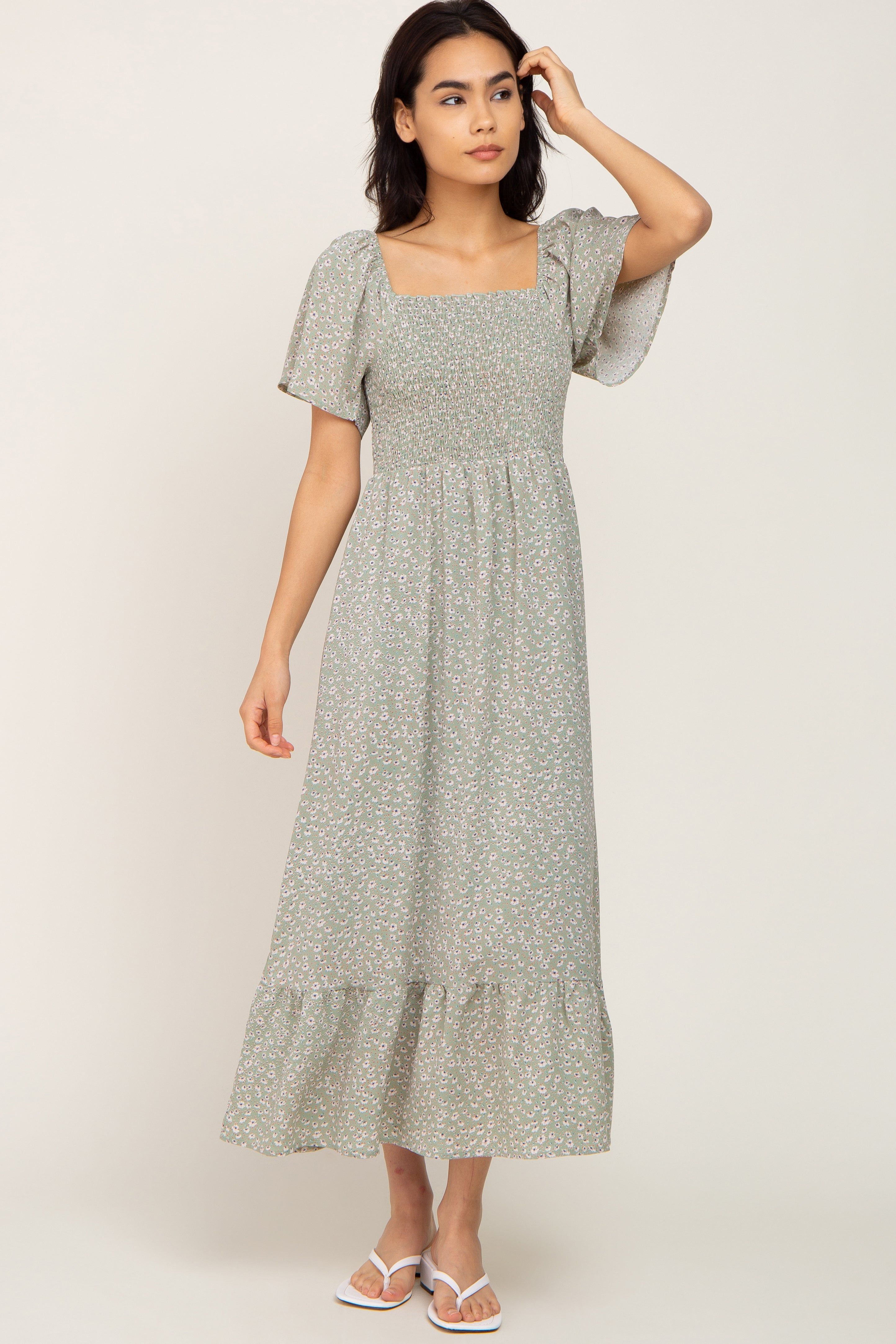 Light Olive Floral Smocked Midi Dress sold by Pinkblush product image thumbnail 5