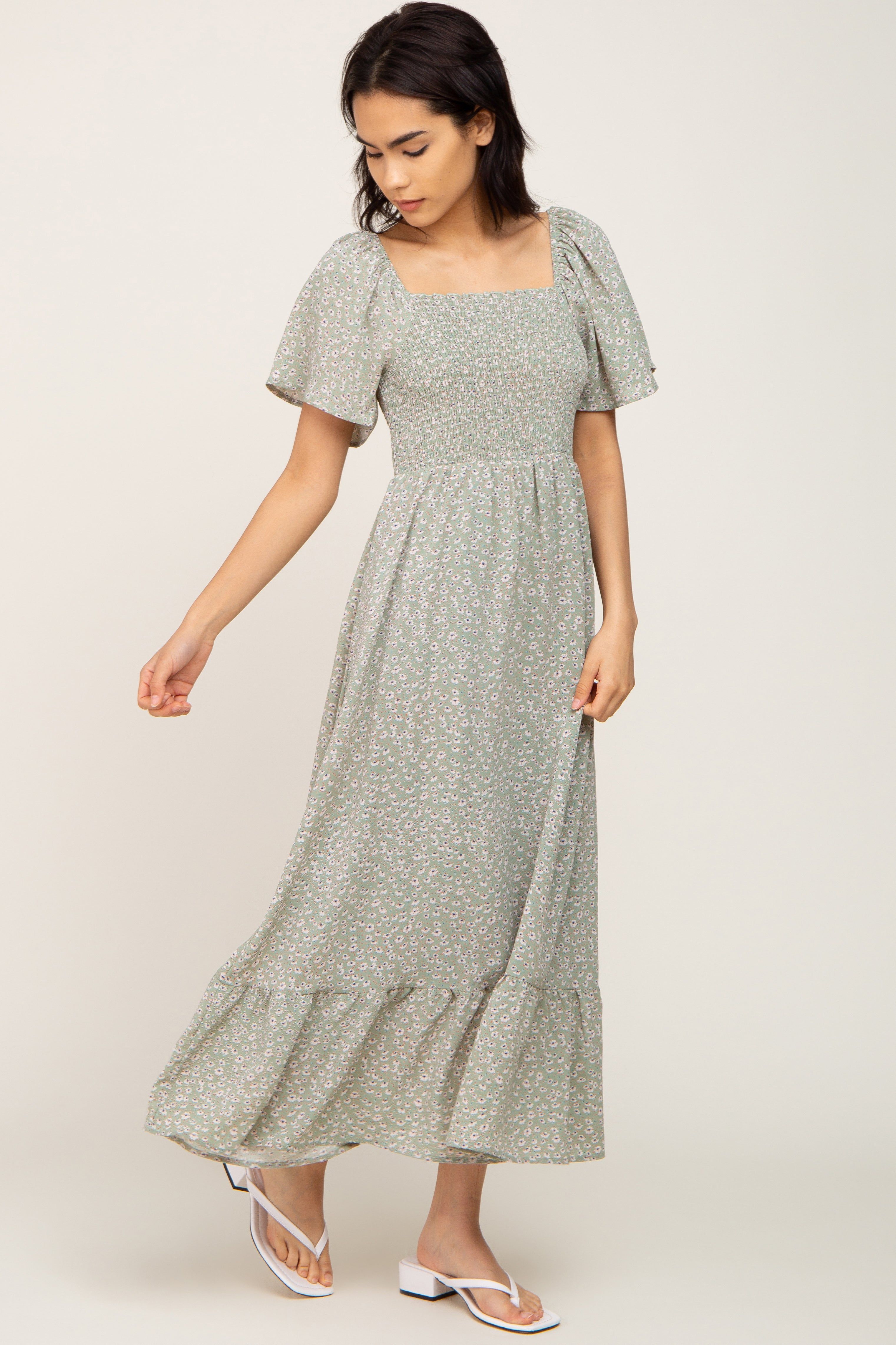 Light Olive Floral Smocked Midi Dress sold by Pinkblush product image thumbnail 2