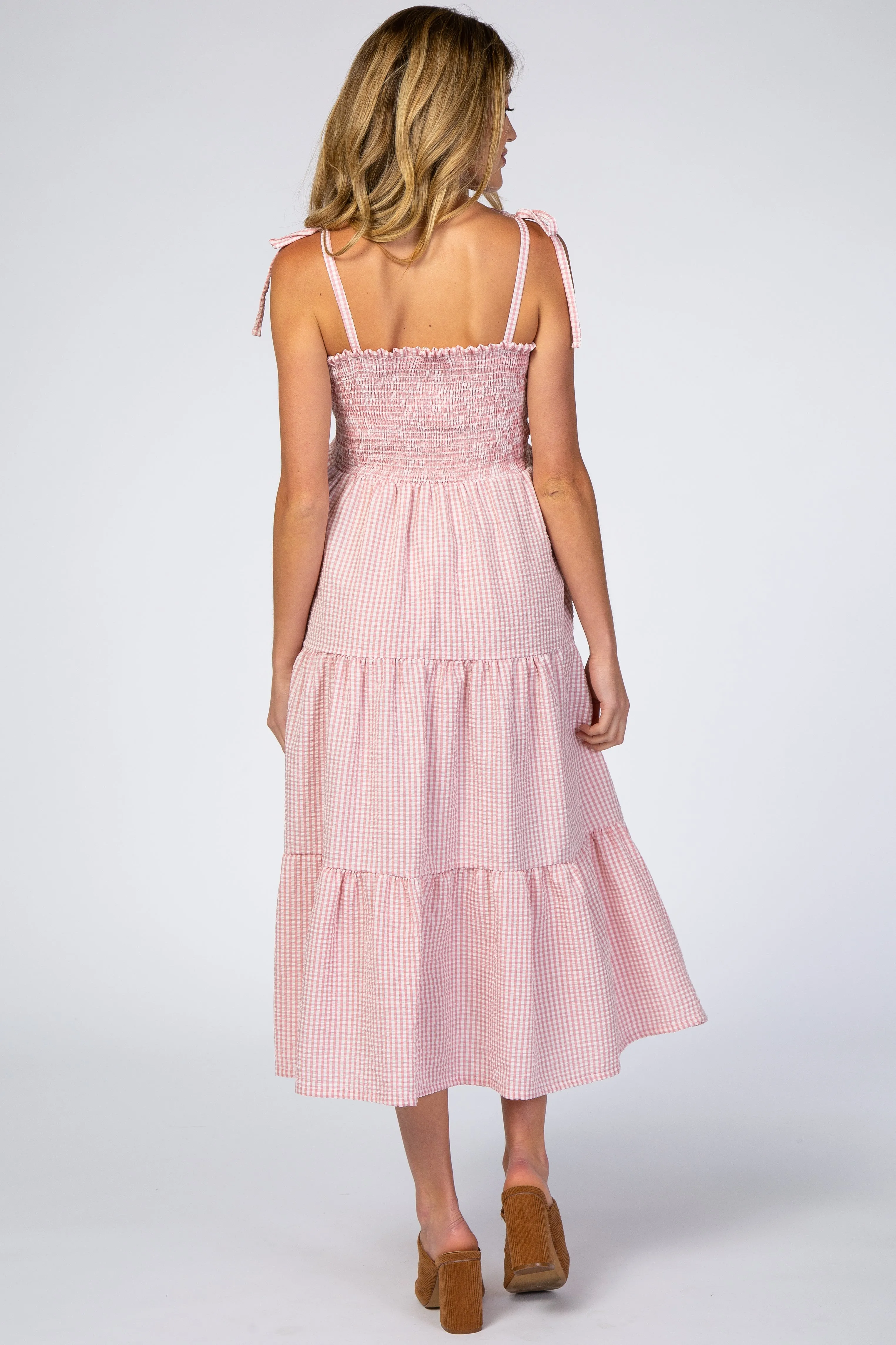 Pink Checkered Tiered Maternity Midi Dress sold by Pinkblush product image thumbnail 3