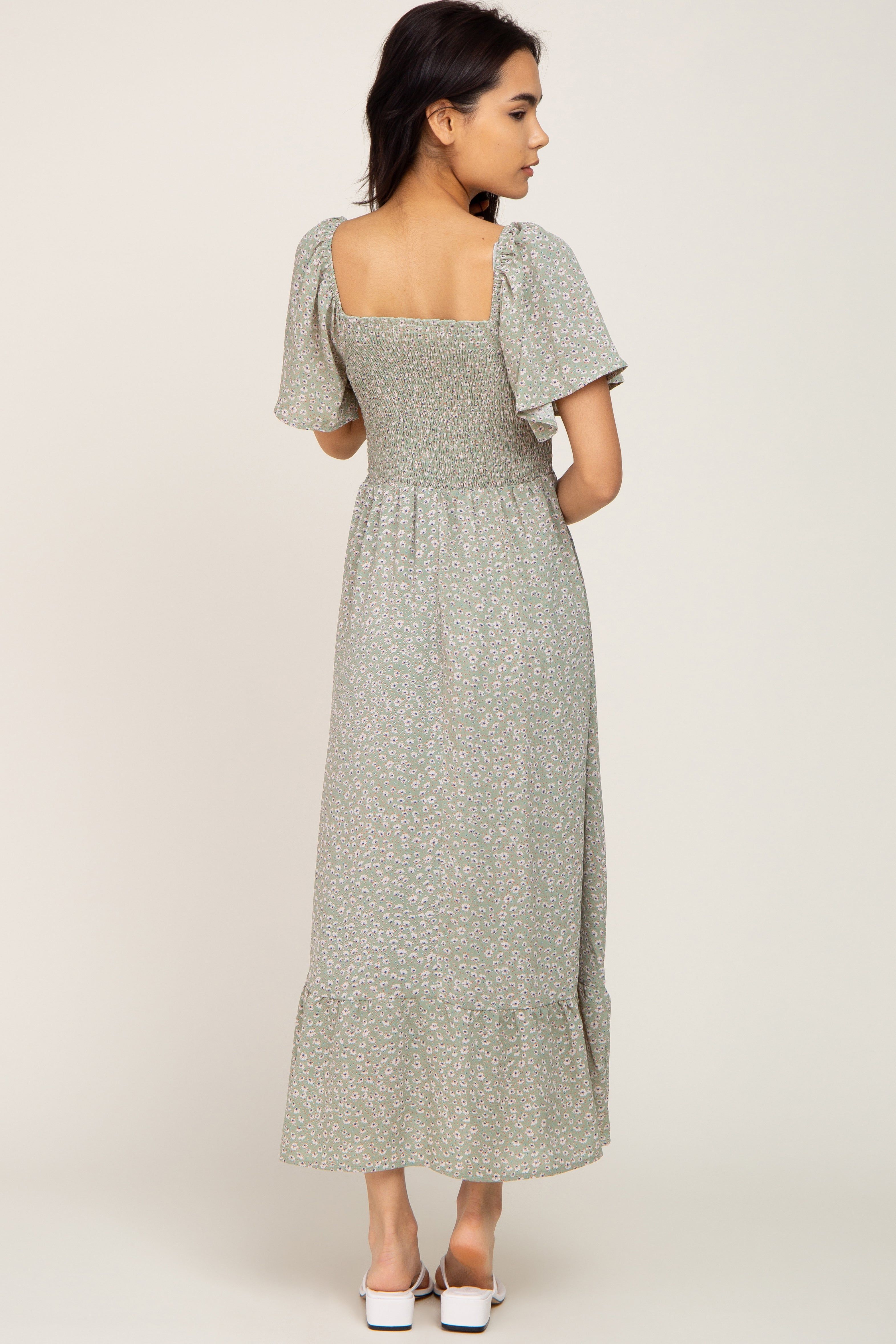 Light Olive Floral Smocked Midi Dress sold by Pinkblush product image thumbnail 3