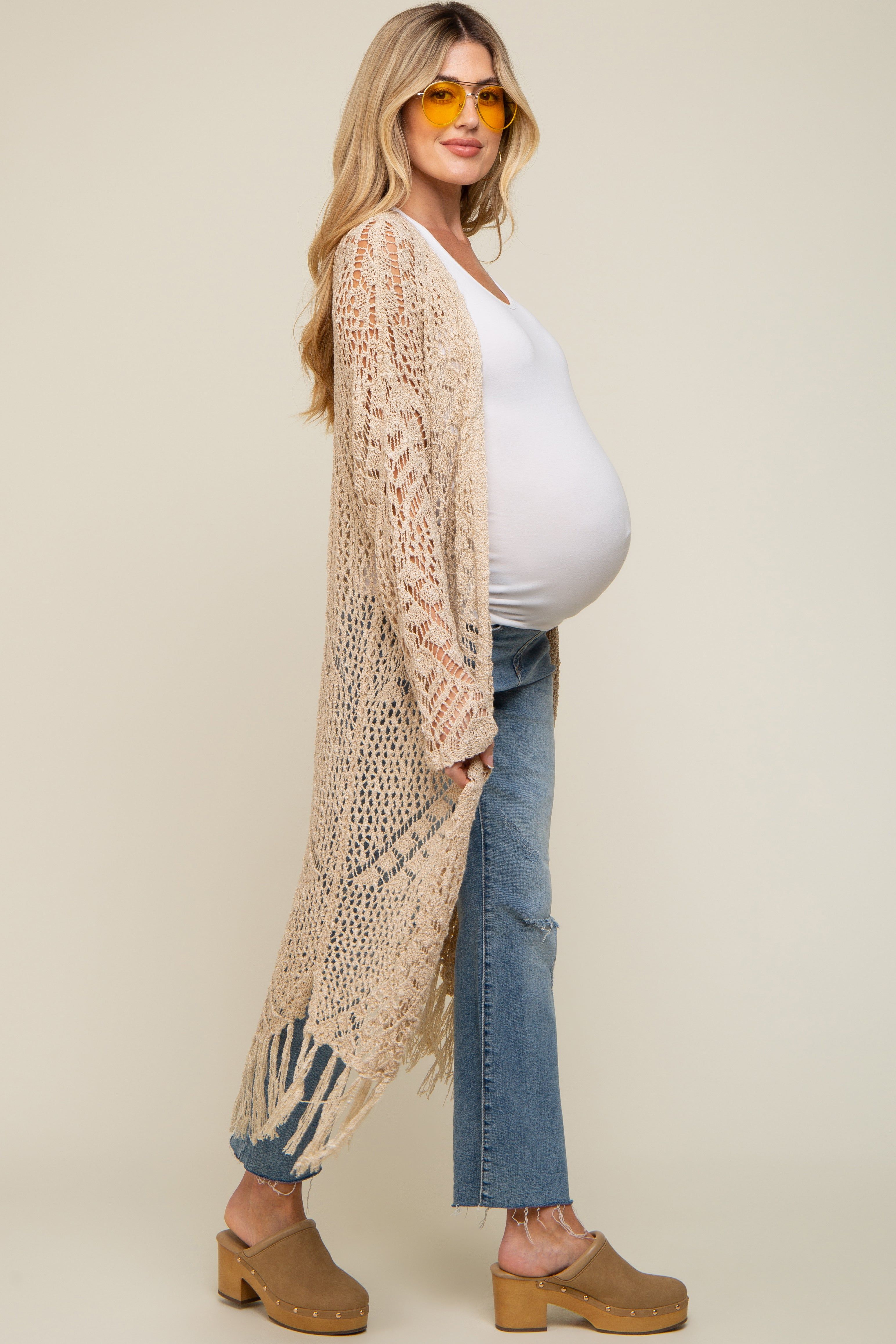 Beige Crochet Fringe Hem Maternity Cardigan sold by Pinkblush product image thumbnail 3
