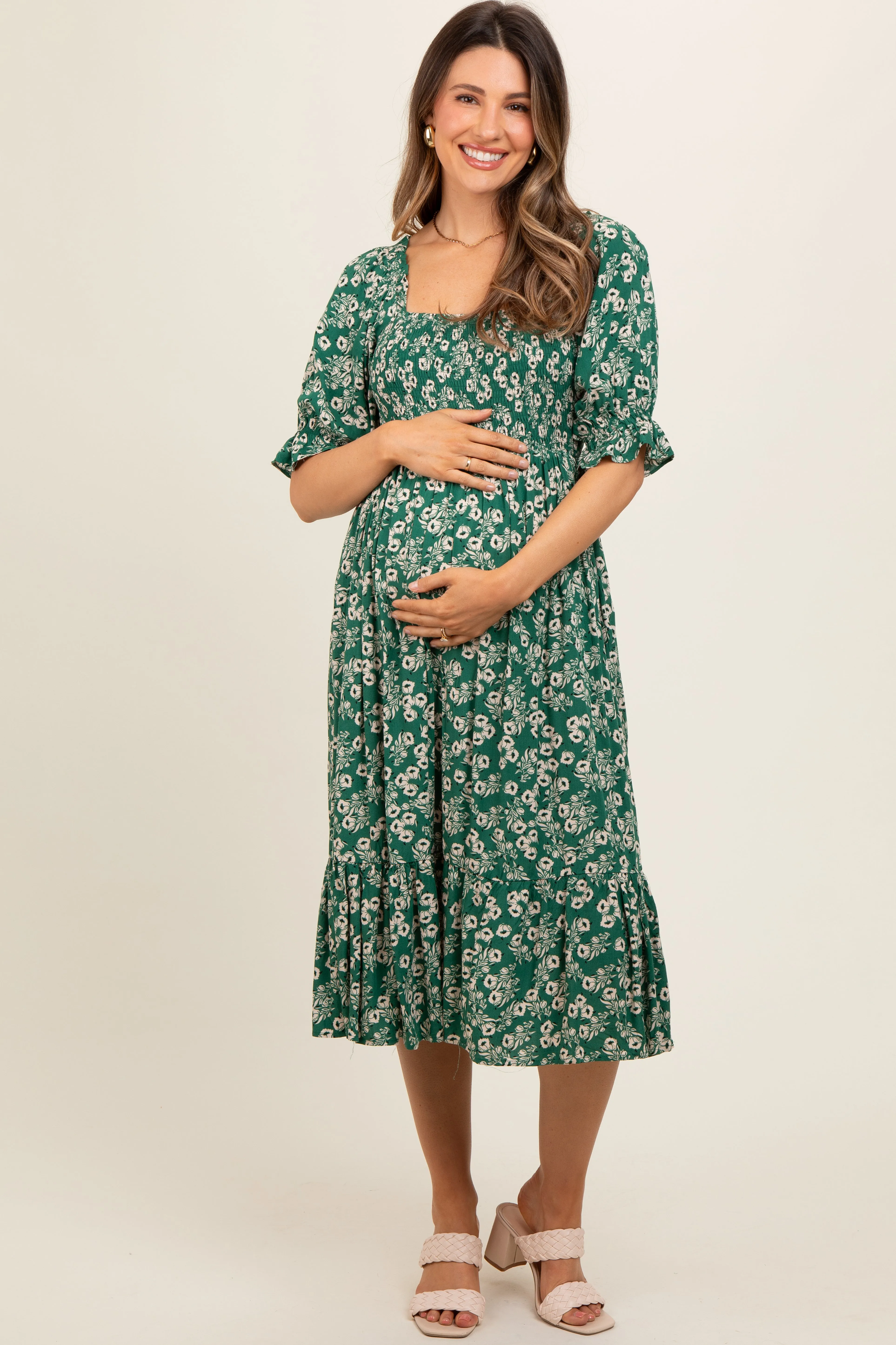 Green Square Neck Smocked Maternity Dress sold by Pinkblush