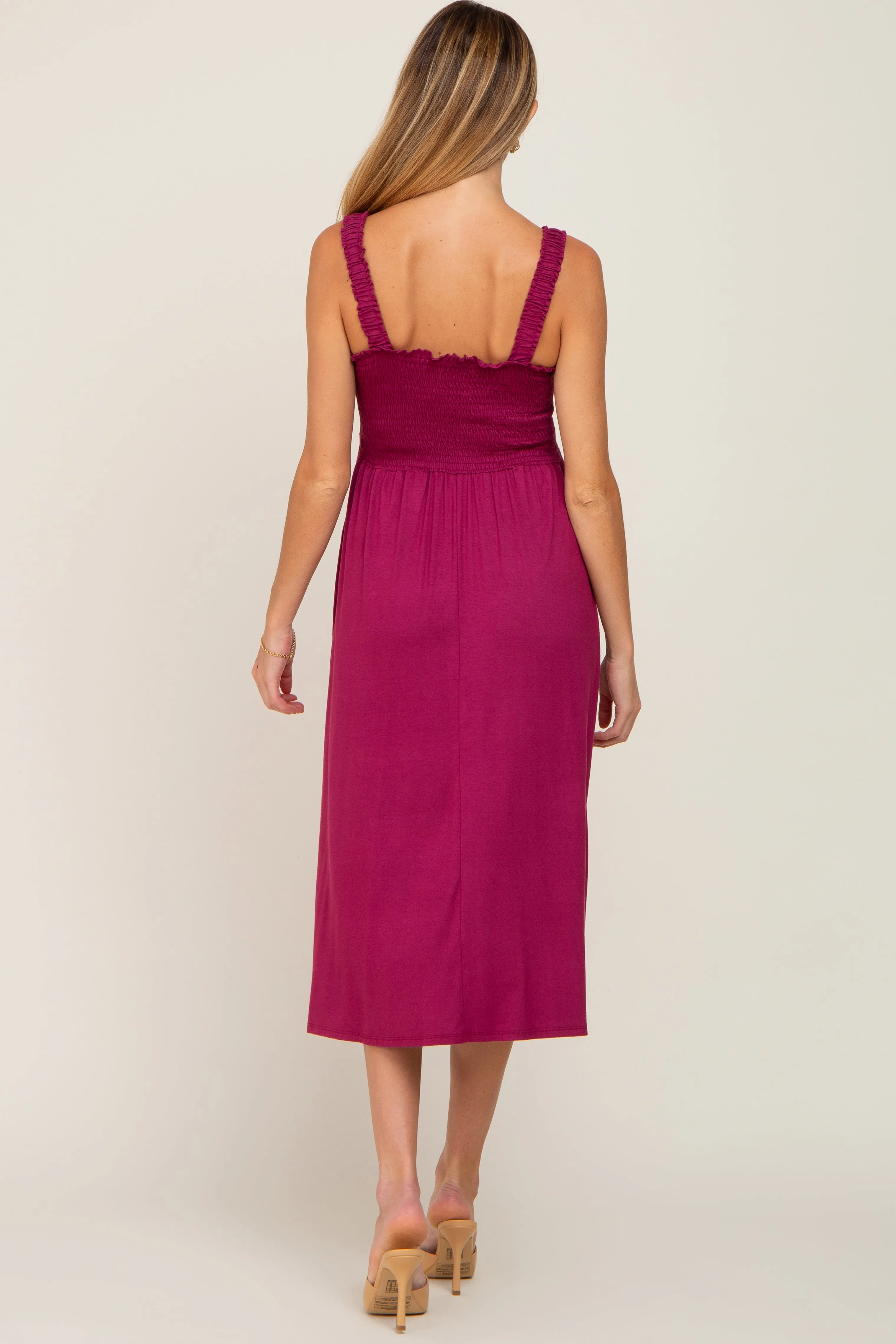 Magenta Smocked Ruffle Strap Maternity Midi Dress sold by Pinkblush product image thumbnail 3