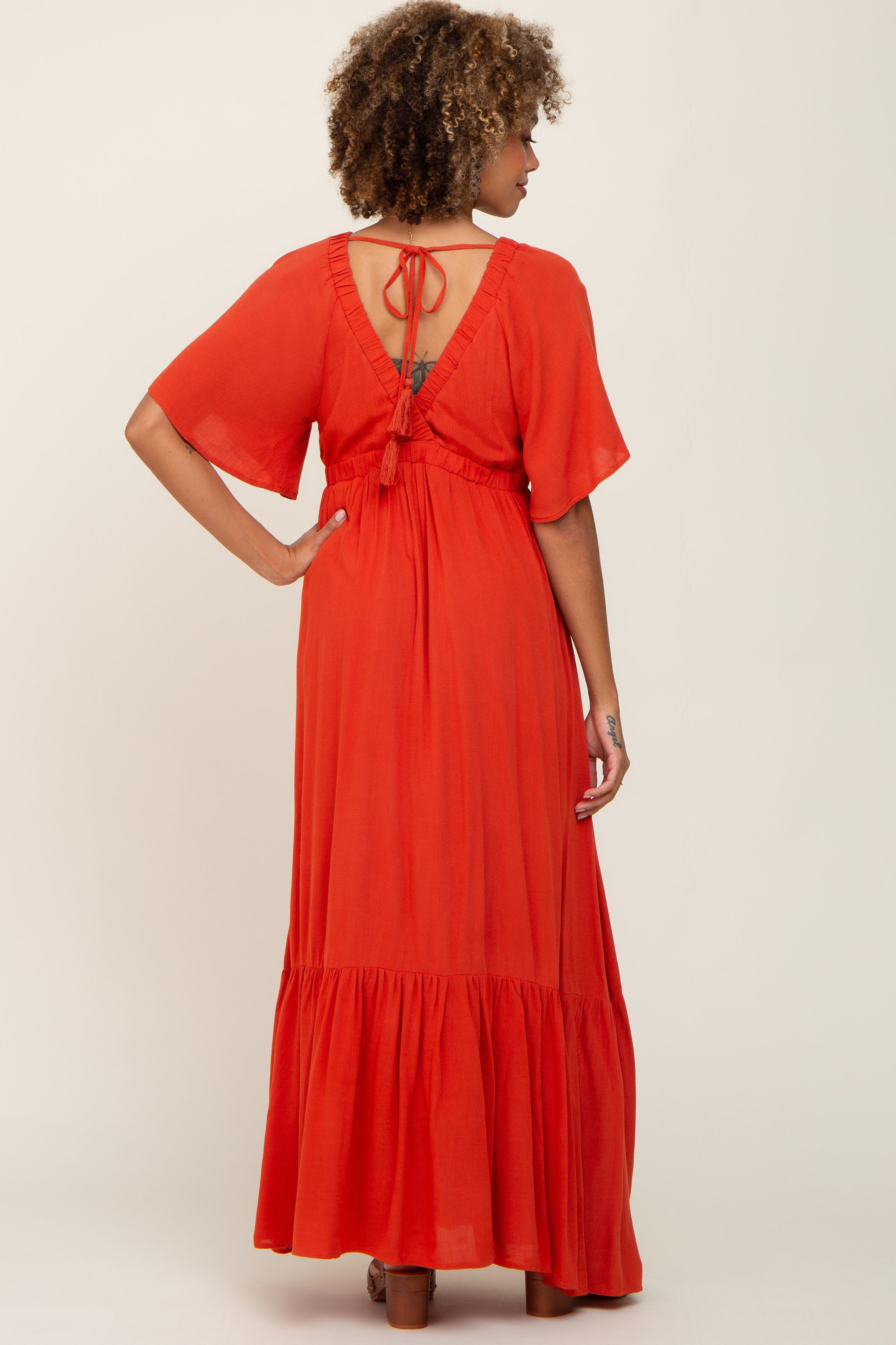 Rust V-Neck Flounce Sleeve Maxi Dress sold by Pinkblush product image thumbnail 3
