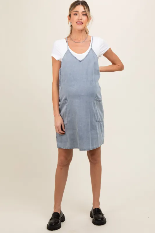 Blue Chambray Front Pocket Maternity Dress sold by Pinkblush