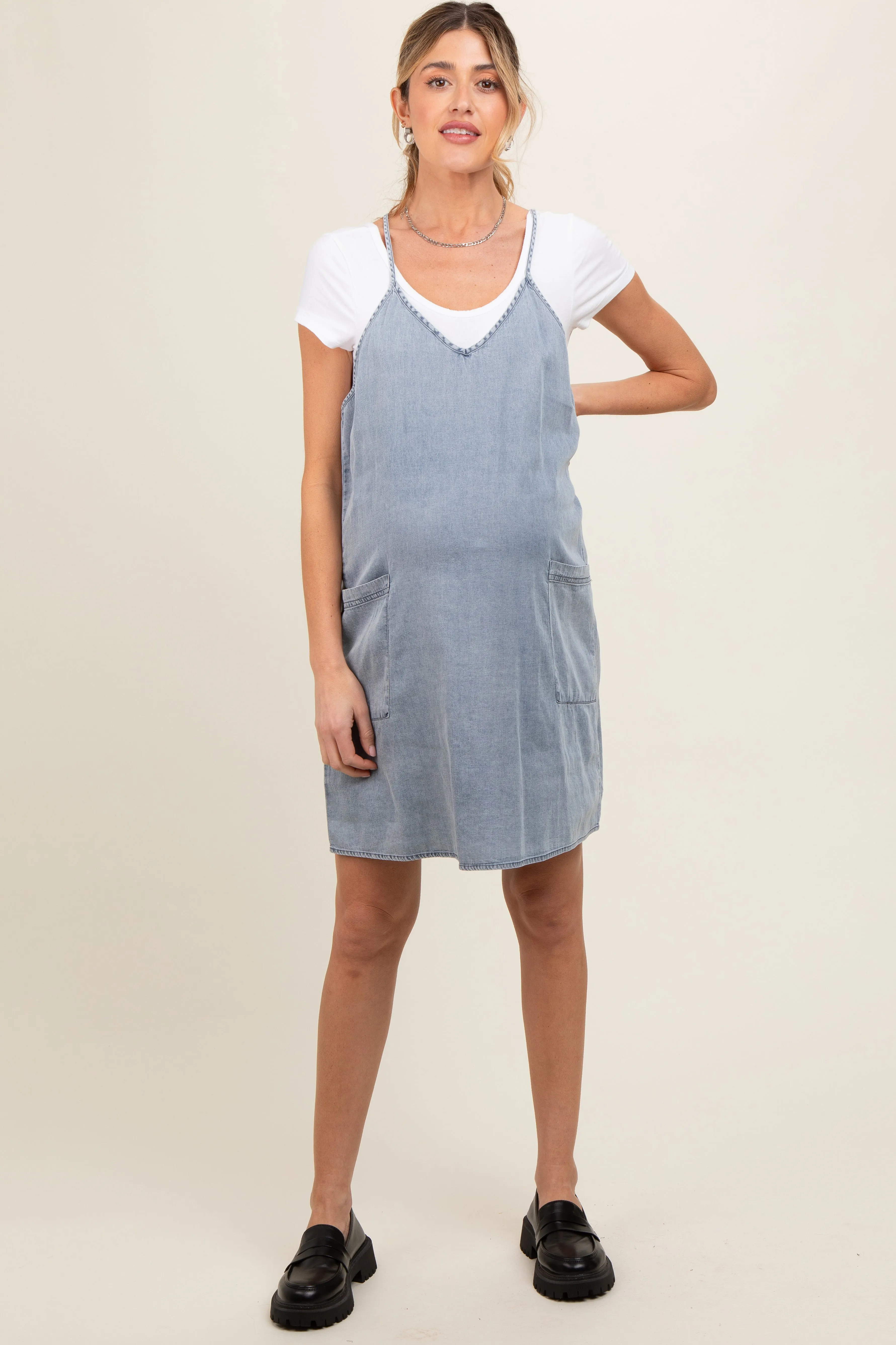 Blue Chambray Front Pocket Maternity Dress sold by Pinkblush