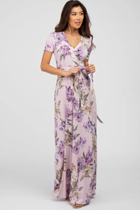 Lavender Floral Waist Tie Wrap Maxi Dress sold by Pinkblush